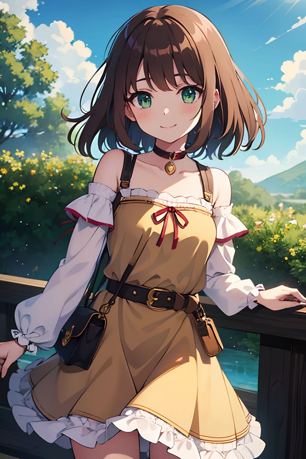 Sasanami Shoko, Valvrabe, 1 girl, Brown hair, Green eyes, Fantasy World, Ruins, Bang, Beautiful sky, shining sky, Sunshine, Smiling, Waving, Belt bag, wristbands, ribbon choker, Dresses that blow the wind, Lace dress, Long sleeves, Off-shoulder sleeve