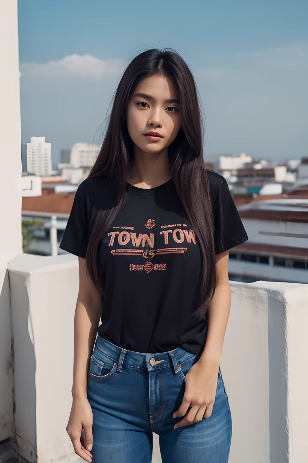 Thai Woman, look at viewer, long hair, T-Shirt , jeans, (town rooftop), film grain, rim light, lens 135mm f.2.0,