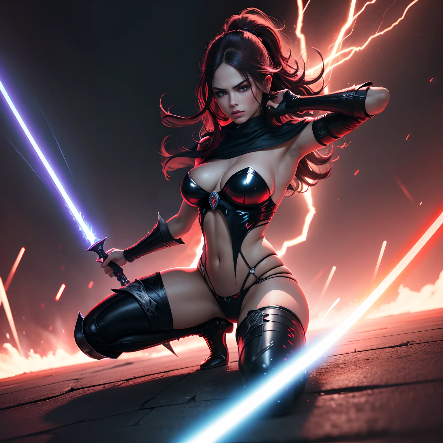 sith, espada laser roja, mujer sexi, (UHD,8k,Maximum resolution,ultra detallado), obra maestra, muy detallado, cuerpo entero, colores vibrantes, dramatic illumination, Escenario futurista, epic battle, potencia de la fuerza, intense atmosphere.