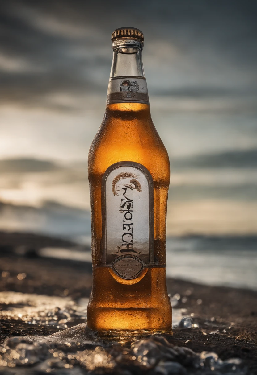 Close-up of a bottle of beer on a pile of ice, Realistic paintings inspired by Xiao Yuncong, shutter inventory, conceptual art, made of drink, Sparkling water, Refreshing, cold drink, jia, drink, best on adobe stock, realistic water, cinematic flavor, energy drink, Product photography 4 K, hot summer sun, lei jin, lei min