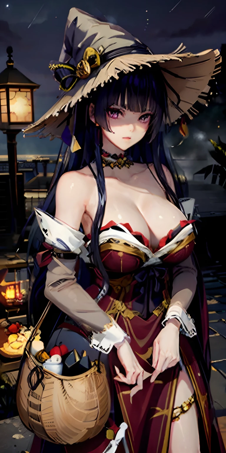 epic art, fantasy, jack-o'-lantern, pumpkin, breasts, halloween, 1girl, witch_hat, detached_sleeves, solo, cleavage, large_breasts, bare_shoulders, lantern, looking_at_viewer, food, night, indoors, dress, fur_trim, window, holding, "long shot scenic professional photograph of {prompt}, perfect viewpoint, highly detailed, wide-angle lens, hyper realistic, with dramatic sky, polarizing filter, natural lighting, vivid colors, everything in sharp focus, HDR, UHD, 64K", anime coloring, anime screencap, steaming body, fog, heavy breathing,