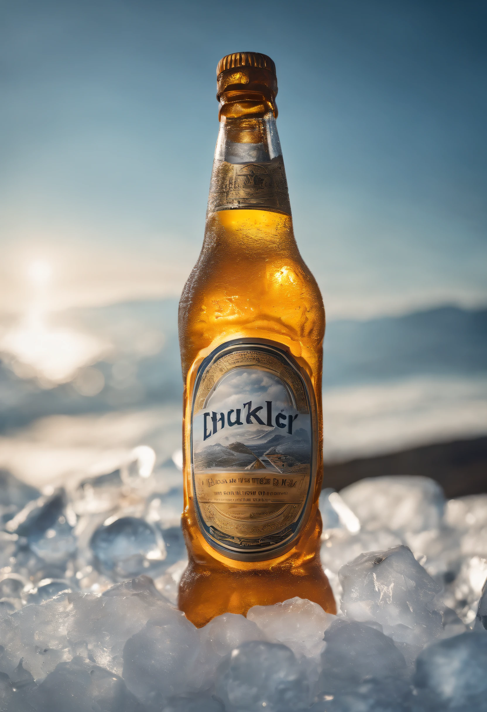 A beer commercial, unopened bottle of beer in ice chest, label reads 'Desert Princess'