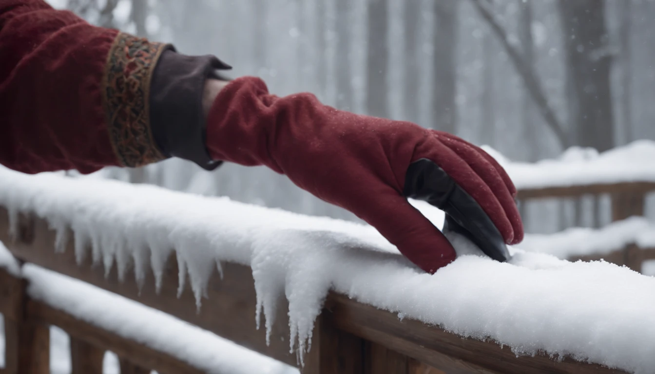 (best quality,4k,8k,highres,masterpiece:1.2),ultra-detailed,(realistic,photorealistic,photo-realistic:1.37) close up a satin gloved hand brushes the snow from an icy balustrade, medieval Hungary, beautiful satin glove, eerie, gothic, midnight, moon, 8k, cinematic, cinematic scene from film