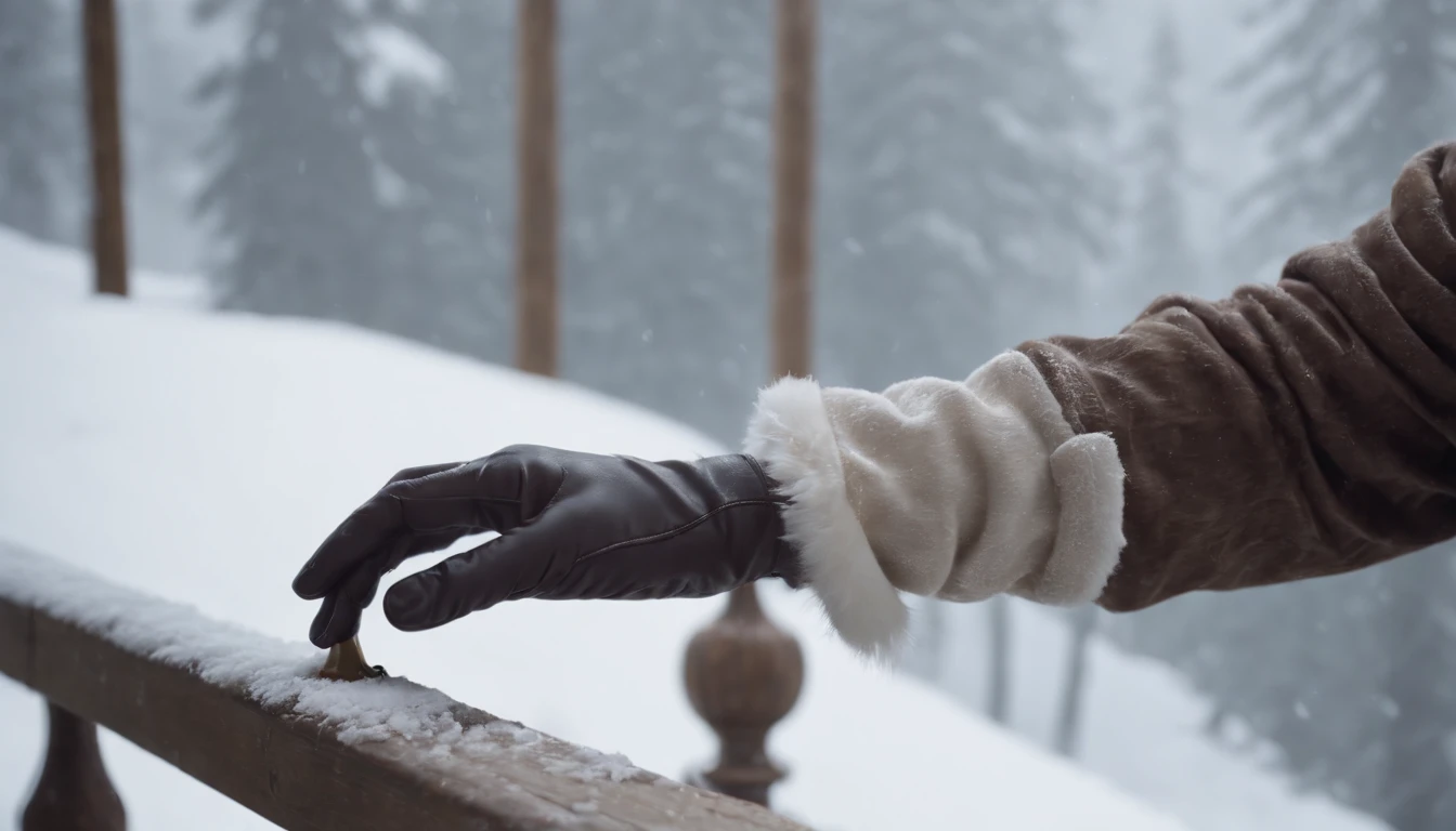(best quality,4k,8k,highres,masterpiece:1.2),ultra-detailed,(realistic,photorealistic,photo-realistic:1.37) close up a satin gloved hand brushes the snow from an icy balustrade, medieval Hungary, beautiful satin glove, eerie, gothic, midnight, moon, 8k, cinematic, cinematic scene from film