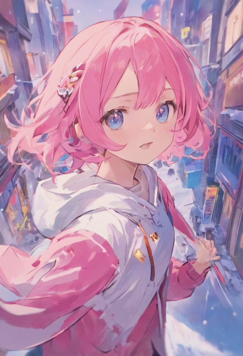 Ski style, 1girll, Solo, Pink hair, Animal ears, Blue eyes, Wings, view the viewer, bangs, Short hair, bow, Sailor collar, White sailor collar, Hair accessories hair bye, Pink bow, Closed mouth, shirt, White shirt, Cat ears, Bob cut, mini wings, Portrait, detached wings, Makeup, Upper body, urban in the background