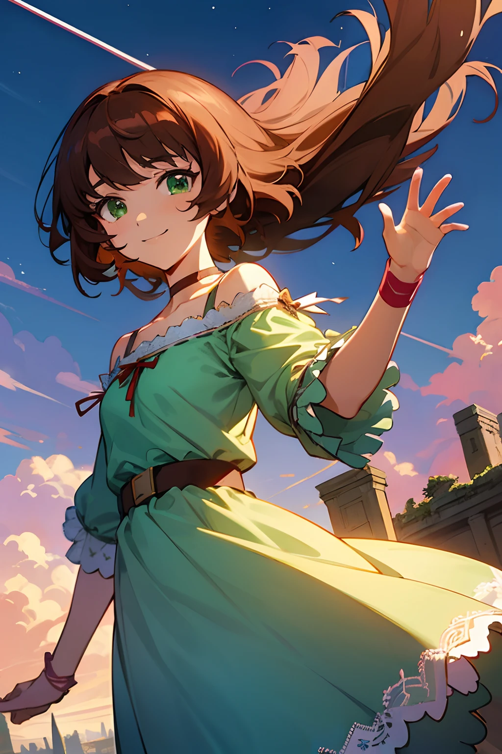 shoko sashinami, valvrave, 1 girl, brown hair, green eyes, fantasy world, ruins, fort, beautiful sky, shining sky, sunshine, smiling, waving, belt, wristband, ribbon choker, wind blowing dress, lace dress, asymmetrical dress, off-shoulder sleeves