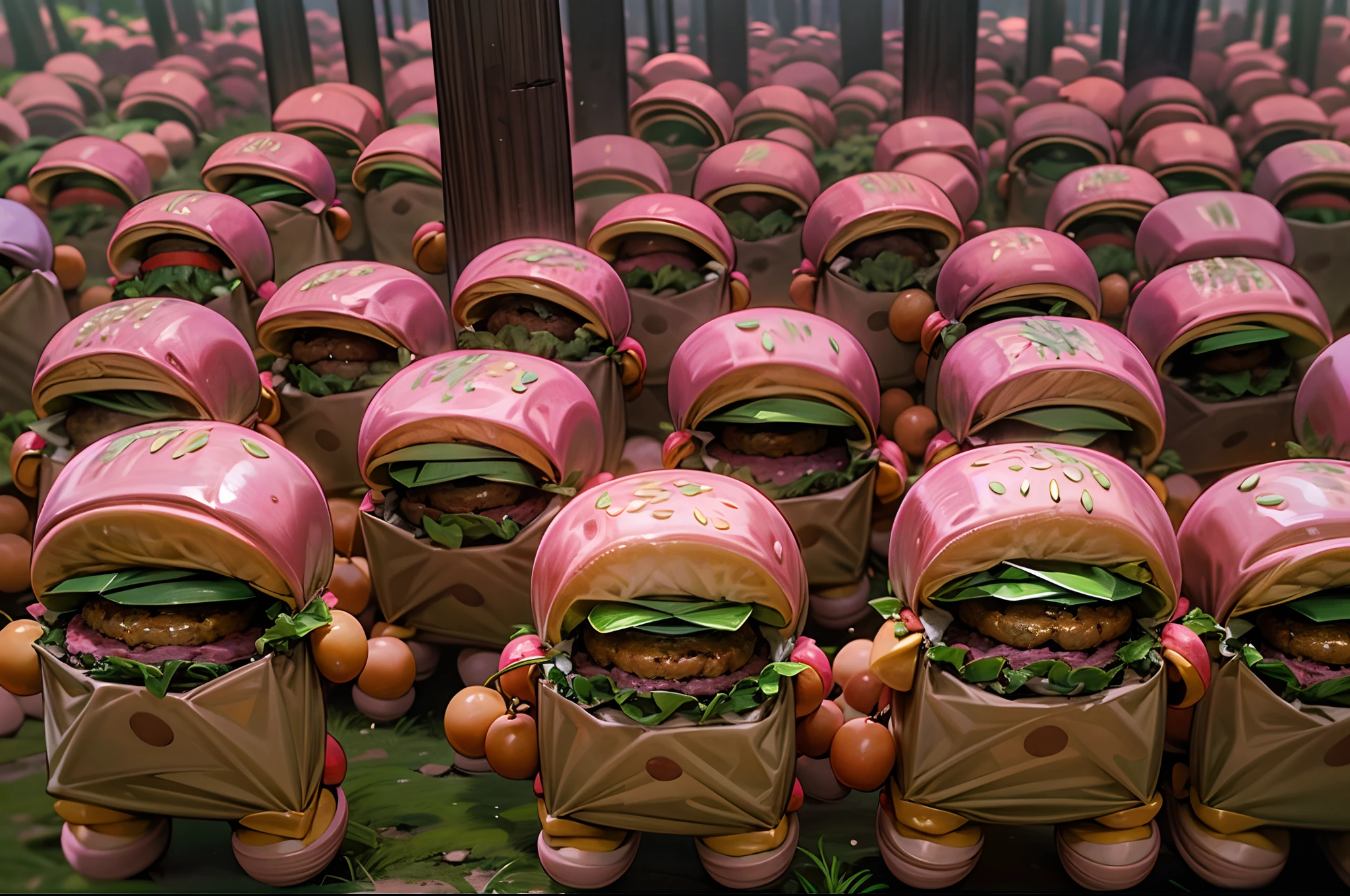 A pink forest,There are armies of anthropomorphic hamburgers everywhere, Each hamburger soldier carries a weapon. Even the leader held a huge metal shield. They are neatly arranged,Sequence through the jungle,And disappear from the portal at the end of the forest,
Labels: (Best quality, 4K, A high resolution, Masterpiece:1.2), Ultra-detailed, Realistic:1.37, Pink Forest, hamburgers, Army, Weapons, leader, metallic shield