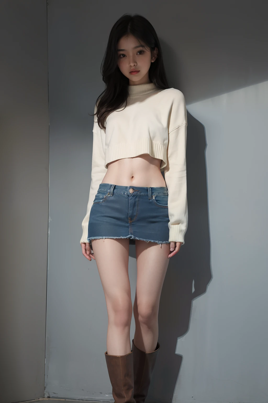 top-quality、​masterpiece、(Photorealsitic:1.4)、1girl、Light smile、Dramatic lighting、 ((wide open abdomen))、((open abdomen))、((wide open navel))、((open navel))、((Bare belly))、((Mid-Riff Sweater))、((Ultra-low rise、Denim Mini Skirt))、 ((Navel Ejection))、((small hips))、((Full body depiction))、((small  hip))、(boots)、((Ultra-low rise))、 ((Denim Mini Skirt))、((is standing))、