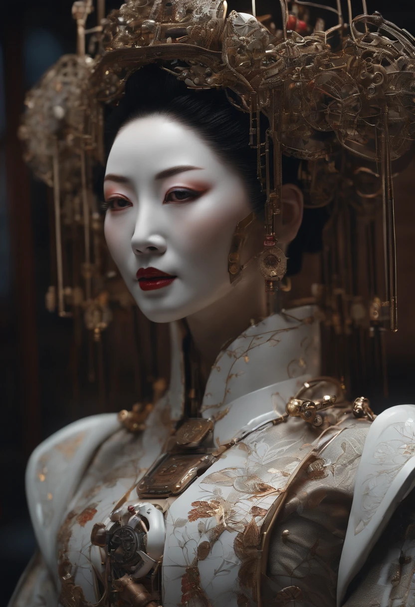 portrait of a slightly rusty japanese robotic geisha with wires and actuators, porcelain white face, dramatic lighting, hyper - realistic, ultra - realistic, intricate details, 8 k ultra high definition, octane render, nurse