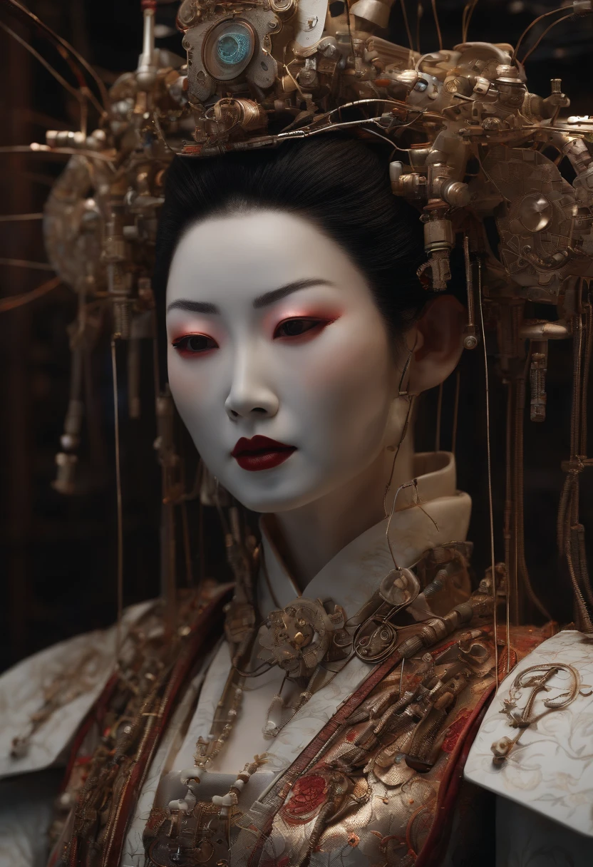 portrait of a slightly rusty japanese robotic geisha with wires and actuators, porcelain white face, dramatic lighting, hyper - realistic, ultra - realistic, intricate details, 8 k ultra high definition, octane render, nurse