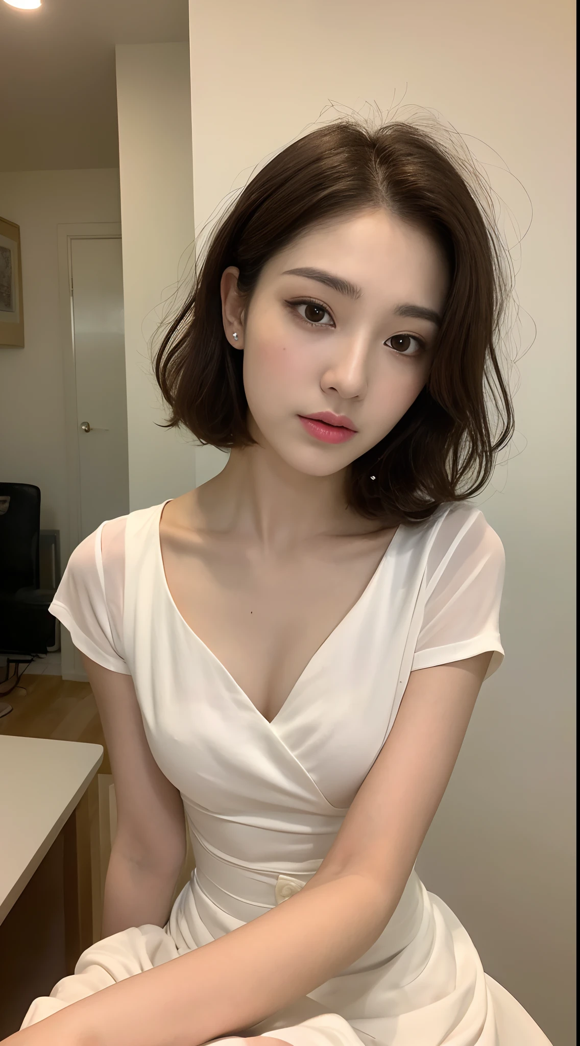 ((Realistic lighting, best quality, 8K, masterpiece:1.3)), sharp focus:1.2, 1 girl, Beautiful woman with perfect figure:1.4, slim abs:1.1, ((Dark brown hair)), (white blouse:1.4),(Exterior,at night:1.1),Sitting on bed indoors,Super thin face,narrow eyes,double eyelids,Leaking out the entire delicate breasts