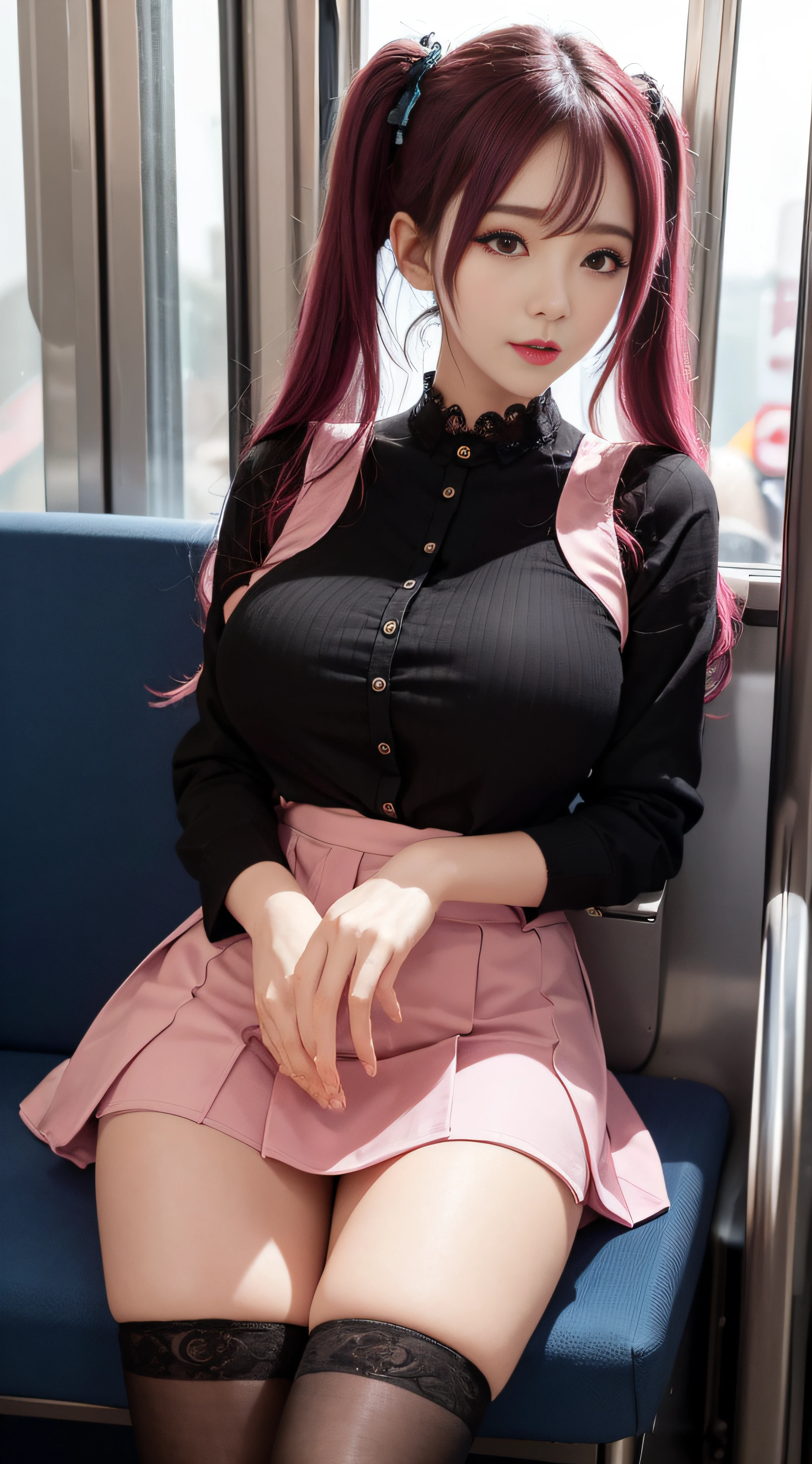 Korean，Sitting on the train，（（（tmasterpiece）））， （（best qualtiy））， （（intricate detailes））， （（Ultra-realistic realism））， Ridiculous resolution， A MILF， Mature Woman， ighly detailed， illustratio， 1girll，（（Large breasts））， perfect hand， Detailed finger， Beautiful detailed eyes， Lowered twin tails， colored inner hair， very long black hair, very bright pink hair， with brown eye， Name badge， （ Korean style long sleeve dark pink ruffled lace up pleated skirt， Black knee-high socks:2.2），detailedbackground， perfect  eyes， mesmerizing eyes，Slightly open mouth, ((Saggy Big 1 Girl:1.2))