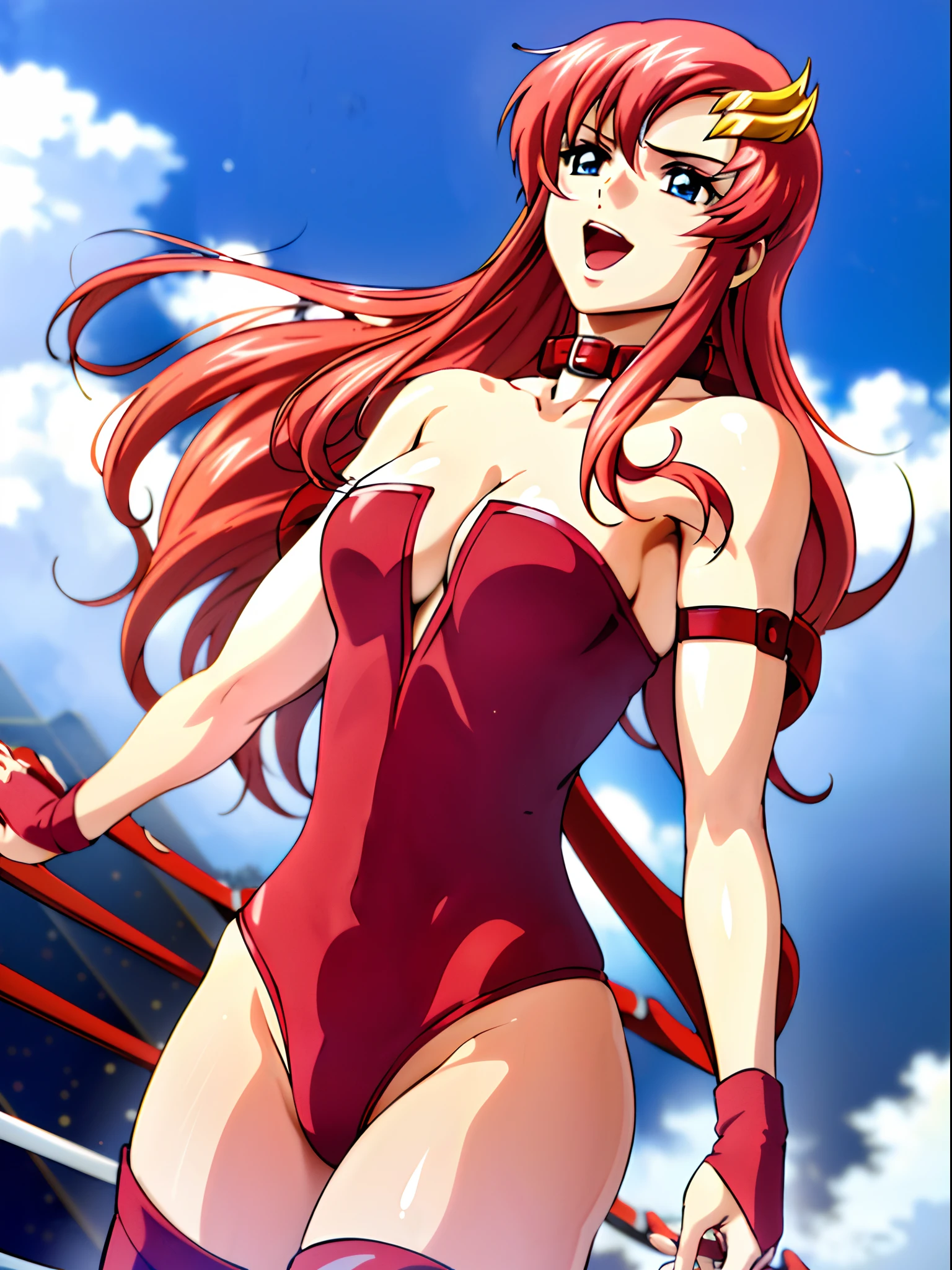 solo, (((red strapless wrestling outfit, collar, red boots))), (upper body view, big mouth, happy, Best Quality, Anime style: 1.9, Adult Woman, (cloud background), Anime, lacus4), 1girl, Solo, 鎖骨, (very long hair, wide bangs, Hair Ornament, Detailed reddish-pink hair, golden crest), large hands, (blue eyes), ((little biceps, slender body, hourglass figure, broad shoulders, closed fists)), ((perfect proportions, medium breasts, cleavage, long belly)), (((mini red wrestling outfit))