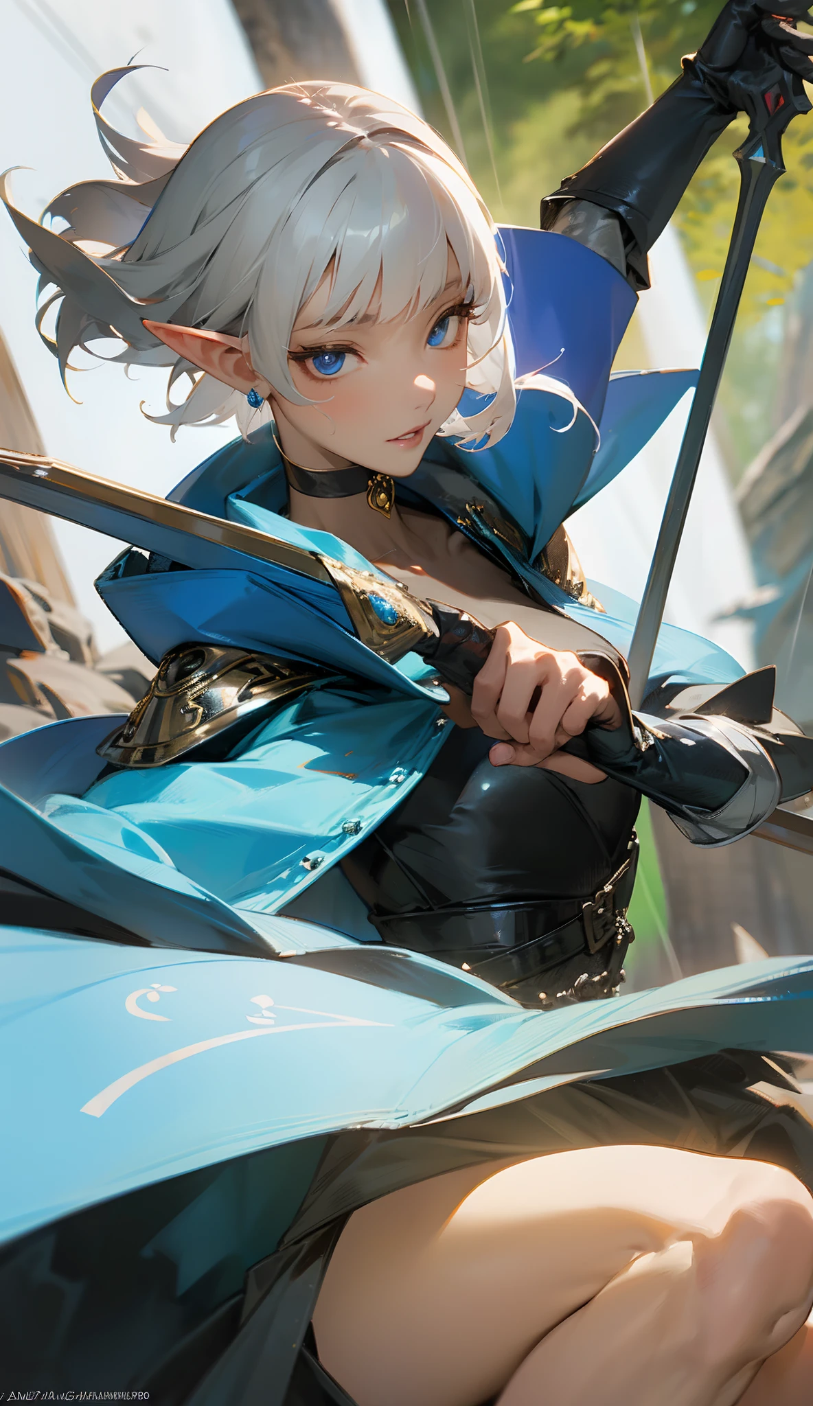 elf woman, 1girl, ((rock jacket)), black clothing, with black Cloak, royal blue tunic over plate armor, white hair, asymmetrical bangs, short hair, detailed eyes, beautiful, hyperdetailed face, witch symbols,insanley detailed face and eyes, Perfect lips, earring, glowing, choker,dress,detached sleeves,full body, rain, gloves, fantasy art, illustration, masterpiece, digital art, drawing, bare shoulders, fantasy painting by Yusuke Murata