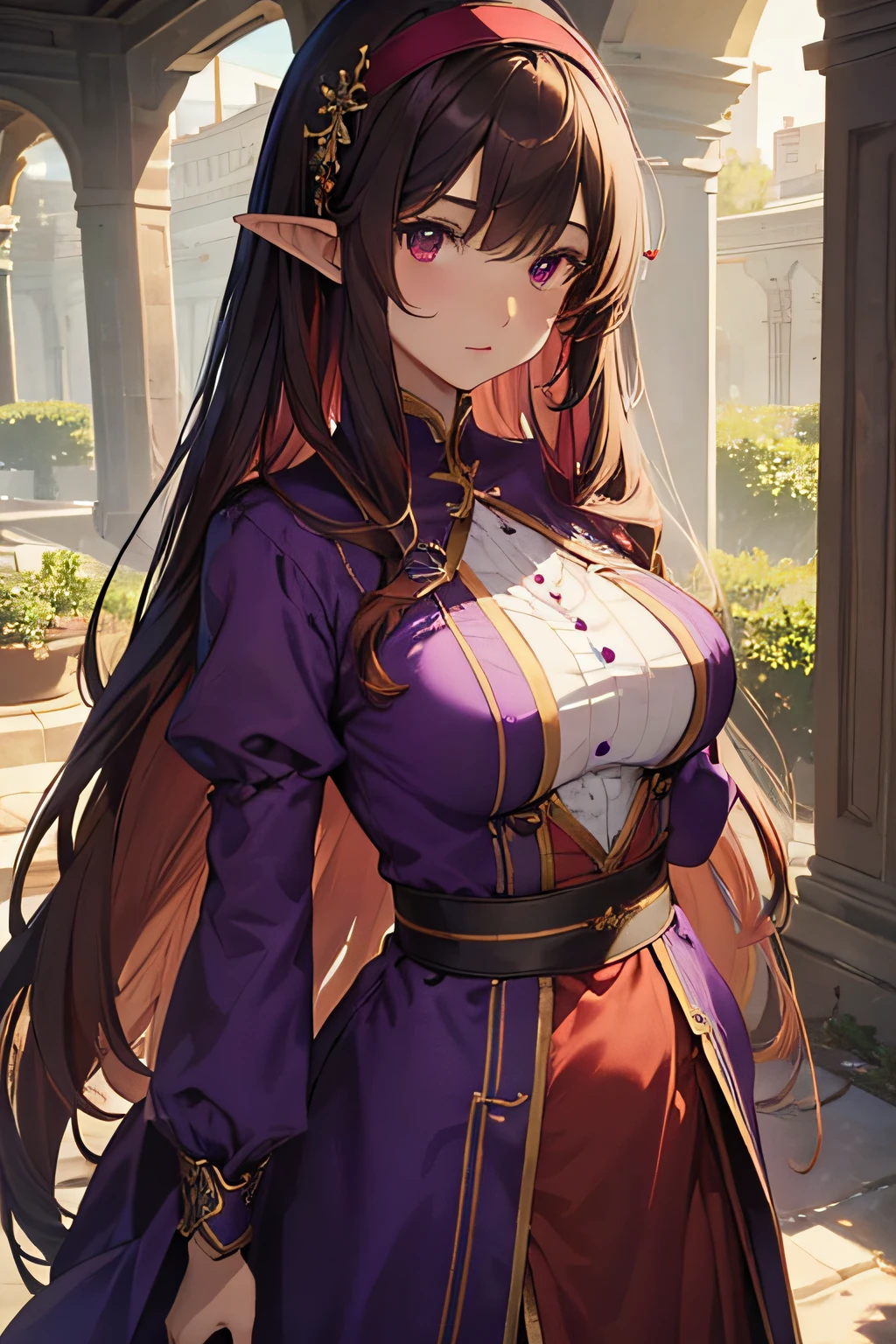 top-quality、extremely delicate and beautiful、Soio、Soio、Elven Woman、A dark-haired、Early 20s、((Brown skin))、(red eyes)、red hairband、Nice Buddy、Beautiful breasts、(((Purple clothes)))、The chest is visible、Valley、is standing