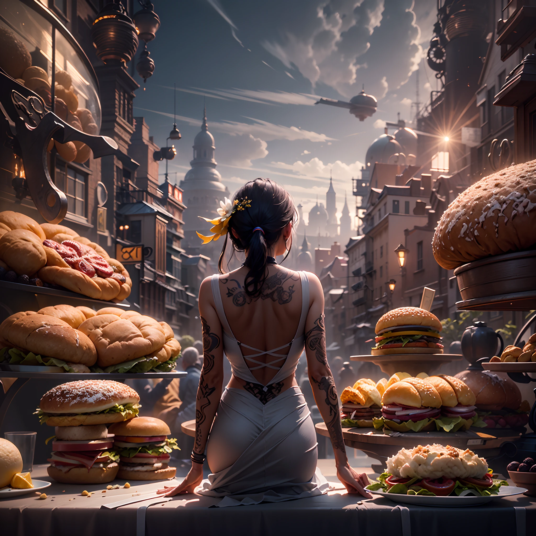 in a panoramic view，photorealestic，At the dinner table，The beautiful woman was added in the middle by two huge slices of bread，Form a humanoid burger，Look at the audience seductively，Perfectcomposition，the detail，The light and shadow work best，HighestQuali，This CG-rendered realistic painting gives a grand scene and visual impact，Let the viewer feel a wonderful and magnificent sci-fi world。Epic，detail-rich，It forms a spectacular sight，Use Pixai to bring powerful AI models to life, Show the limitless creativity and possibilities of our imagination. Experience the future of the cityscape at Pixai，Immerse yourself in a visionary world of art，the detail, Masterpiece, Best quality, 8K, (Oily skin, cell-shaded:1.3), line art in colour, (The art of Maciej Cuciara:1.15), art of greg rutkowski，Intricate details, finetextures, Surreal，Perfectcomposition，A detailed，Cinematic texture，realisticlying，photorealestic，HighestQuali，，Version tone mapping， highly  detailed， Smoothness， Sharp focus， Beautiful illustration， Epic effect，photore， The light from the back window is backlighted， 动态照明， Mist， 复杂， filmgrain， professinal，，Volumetriclighting， subsurfacescattering， Good highlights， Good shadows， cinematic ligh，Beautiful studio soft light，rim-light，ellegance，beatiful background，rendering by octane，HR Giger style，8K，top Quority，tmasterpiece，illustratio，smooth and beautiful，highly  detailed，CG wallpaper，（realisticlying，Fidelity：1.37），outstanding，Exquisite details，tmasterpiece