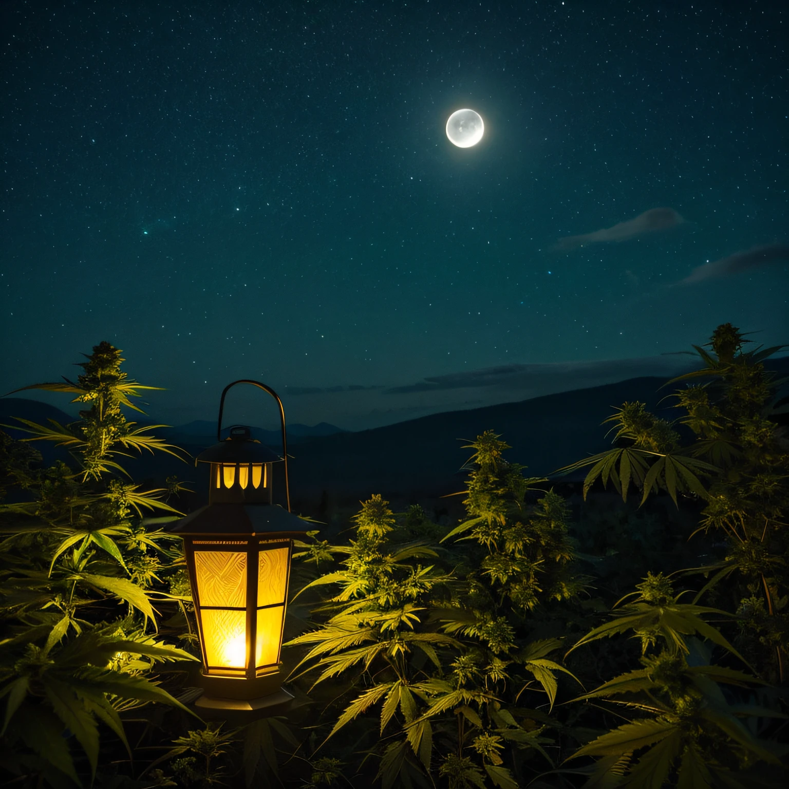 Cannabis Printed Gana Par Lantern、Wimper Lantern、Vast night,the beautiful skyline,,Intense and dramatic imagery,the moving visual effects,Bright moon hanging high,the colorful natural light。,Holding a cannabis-patterned lantern,It's full of green cannabis,See cannabis light lights floating in the sky,The entire night sky is covered in cannabis。