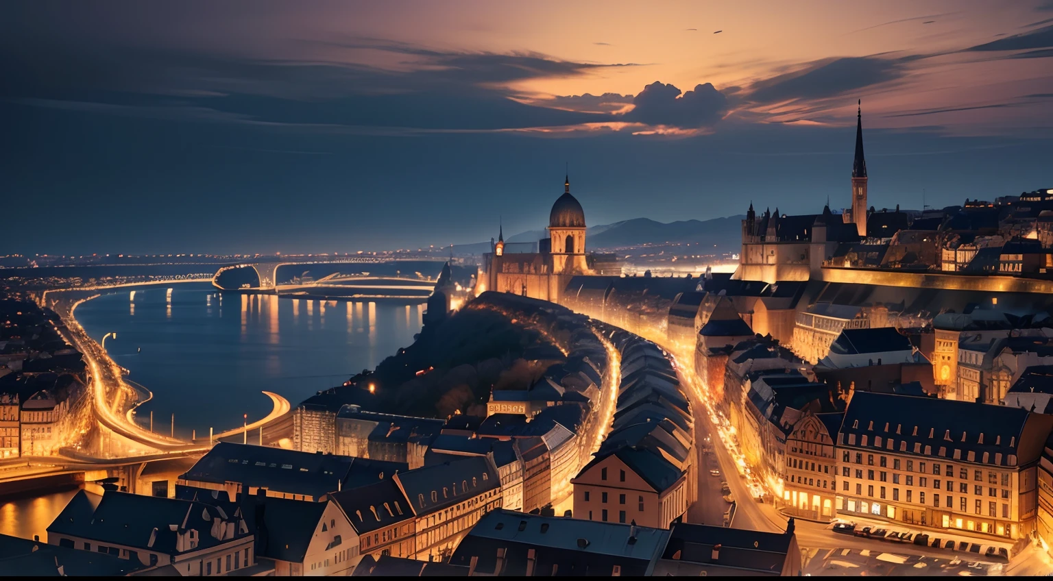 nighttime panoramic view of a picturesque European city, buildings
