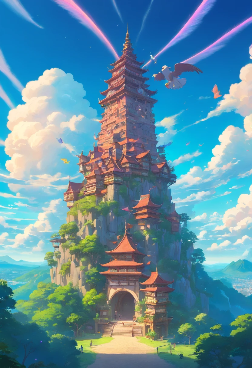 Tower of fantasy in land, built soaring high into the sky, magic world, cloud, magic element surrounded tower, magical creature, magical beast, cinematic, intricate and highly detailed, (ultra-detailed CG unity 8K wallpaper), shot from bellow, low angle, one point perspective, neon sky