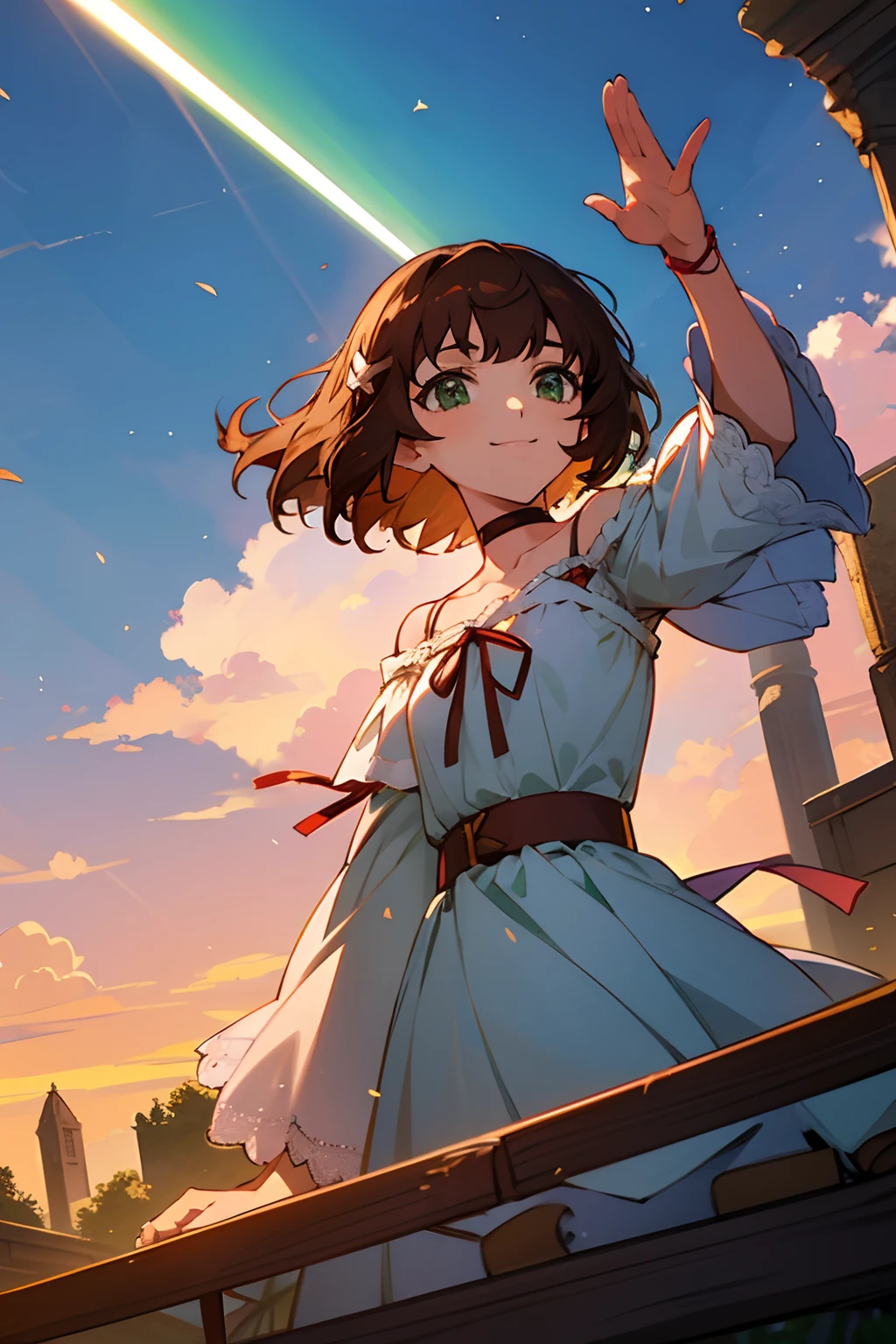 shoko sashinami, valvrave, 1 girl, brown hair, green eyes, fantasy world, ruins, fort, beautiful sky, shining sky, sunshine, smiling, waving, belt, wristband, ribbon choker, wind blowing dress, lace dress, asymmetrical dress, off-shoulder sleeves