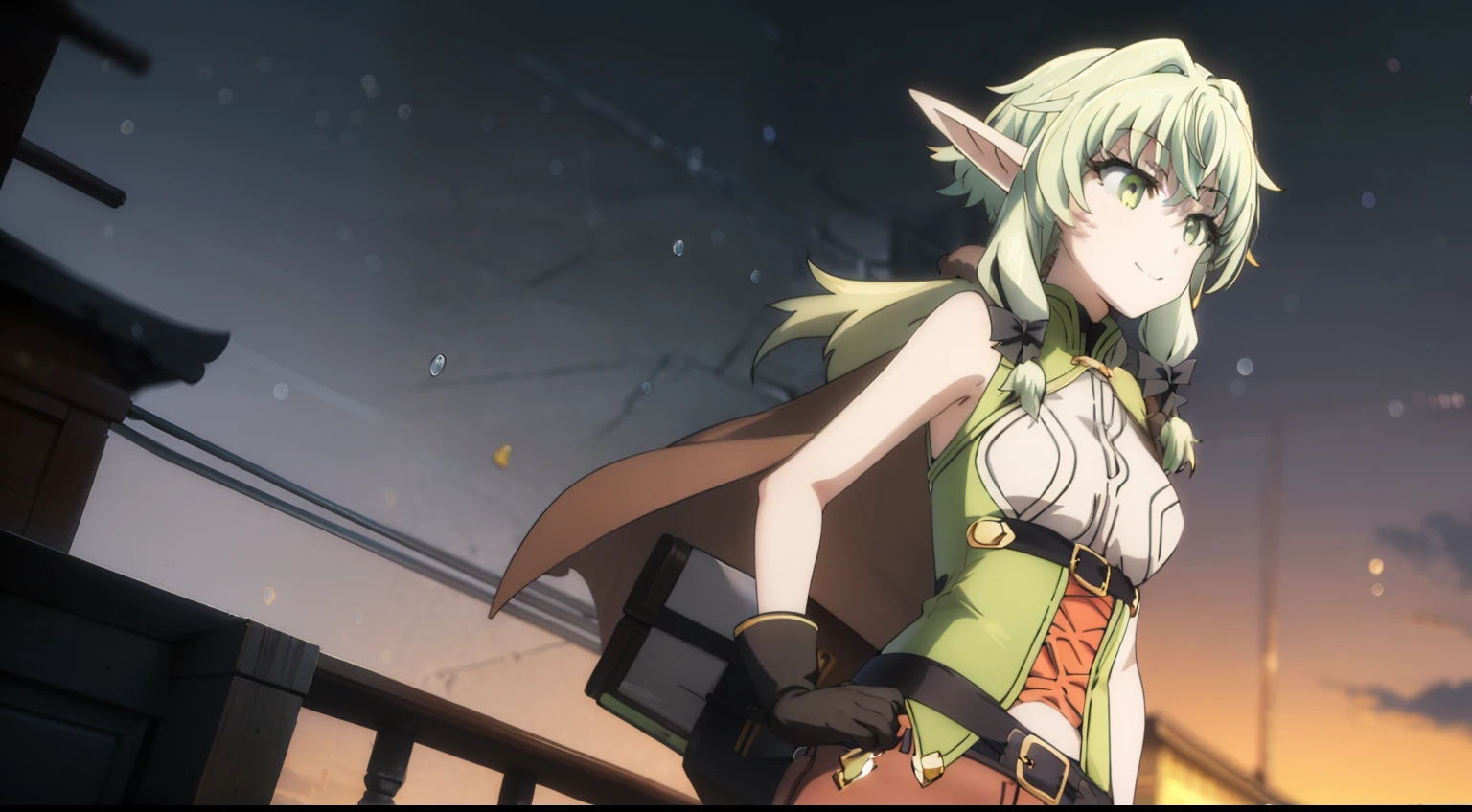 Masterpiece, Best Quality, hight resolution, 1girl, elf, pointed ears, green hair, Long hair, Green eyes, Hair Bow, black gloves, brown shorts, side locks, cloak, Green thighs, Short shorts, belt, small breasts, Cowboy shot, Standing, Smile, Holding a bow in his hands, Anime Art 8K, anime wallpaper, hight resolution, very clearly, High Sharp, Masterpiece, Best Quality, (Body Full 1:1) hight resolution, 1girl, pointed ears, green hair, hairlong, side locks, Hair Bow, Green eyes, big breasts, Sleeveless, black gloves, brown shorts, Green thighs, Short shorts, belt, Smile, Bow in hand, Aiming, Arrows,, Very clear image, Very detailed, beatiful face, detailed digital anime art, Cool anime 8K, Clean and detailed anime art, Gouveyz on Pixiv ArtStation, 4K Manga Wallpapers, Guweiz in Artstation Pixiv, Подробный портрет Anime Girl, Anime 4K Style, Anime Art Wallpapers 4K, Anime Art Wallpaper 4K Masterpiece, Gorgeous, Best Quality,