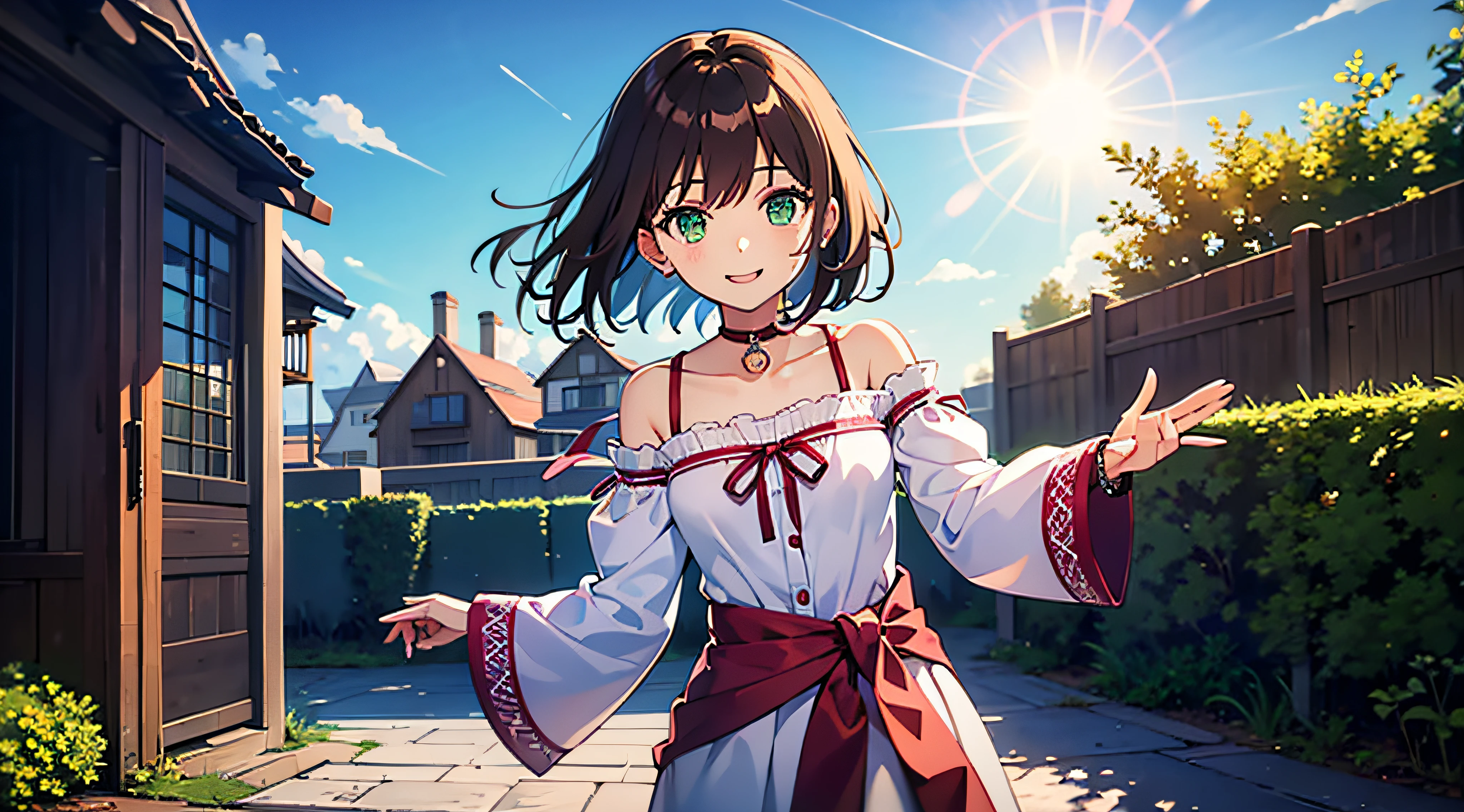 Shoko Sasanami, Walfrabe, 1 girl, Brown hair, Green eyes, Fantasy world, 废墟, Bang, Beautiful sky, shiny sky, Sunshine, Smiling, Waving, bag over the waist, Wristbands, ribbon choker, Dress with blowing air, Lace dress, Long sleeves, Off-the-shoulder sleeves，Double，a beauty girl，Sticker，dream magical，fanciful，Hair sugar