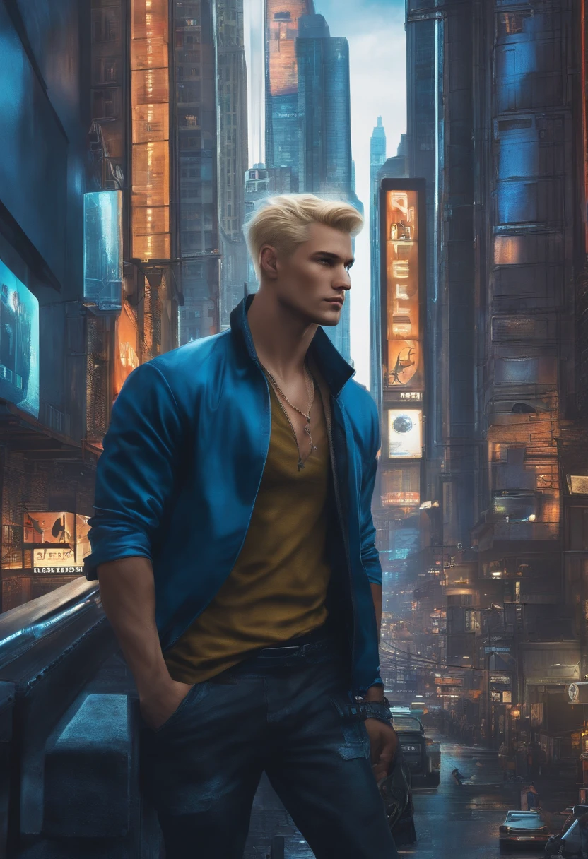 Handsome, blond blue cyberpunk city Yankee