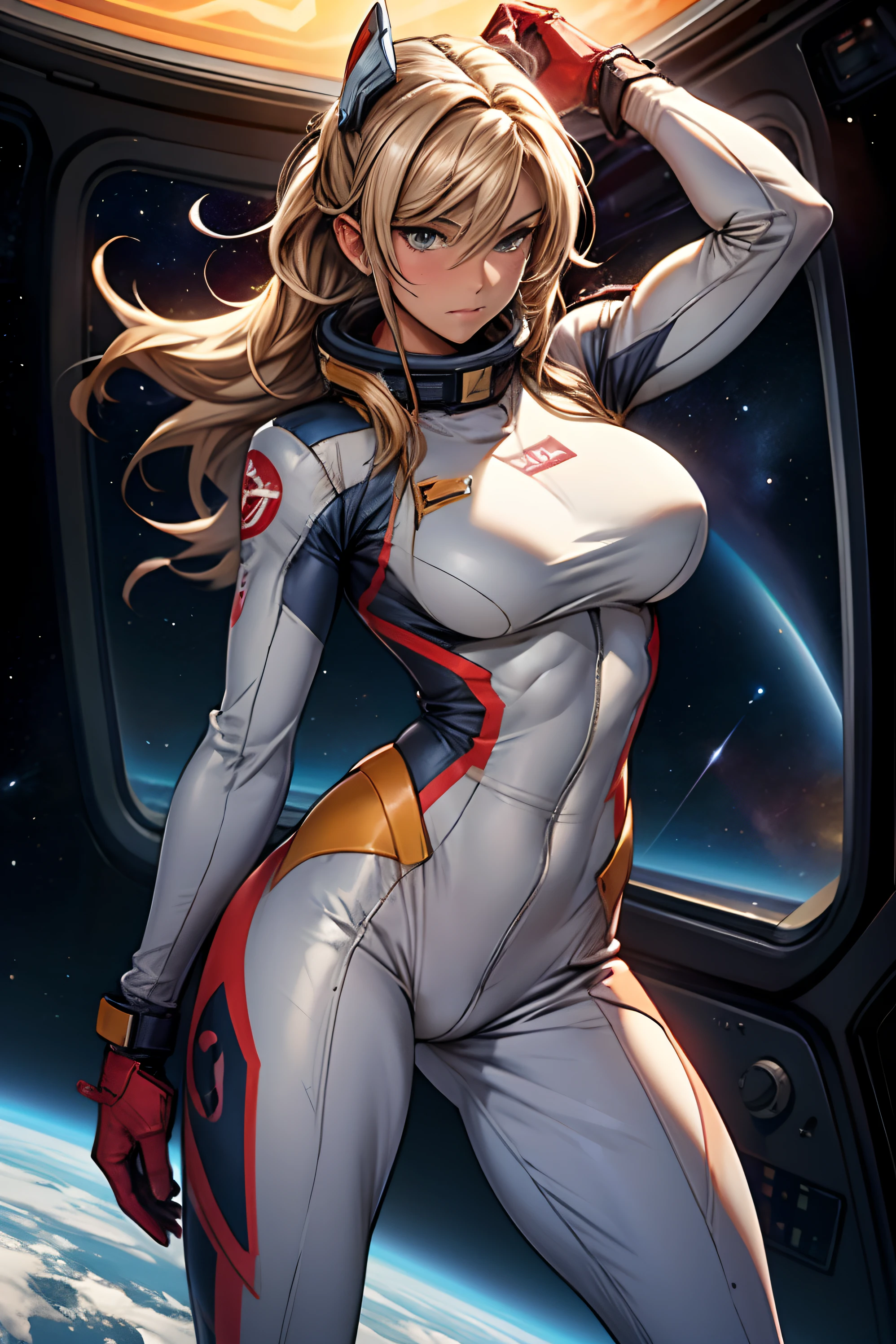 sandy hair muscular large breasts slender thighs slender waist pilot suit solo looking at viewer in space long hair blushing determination