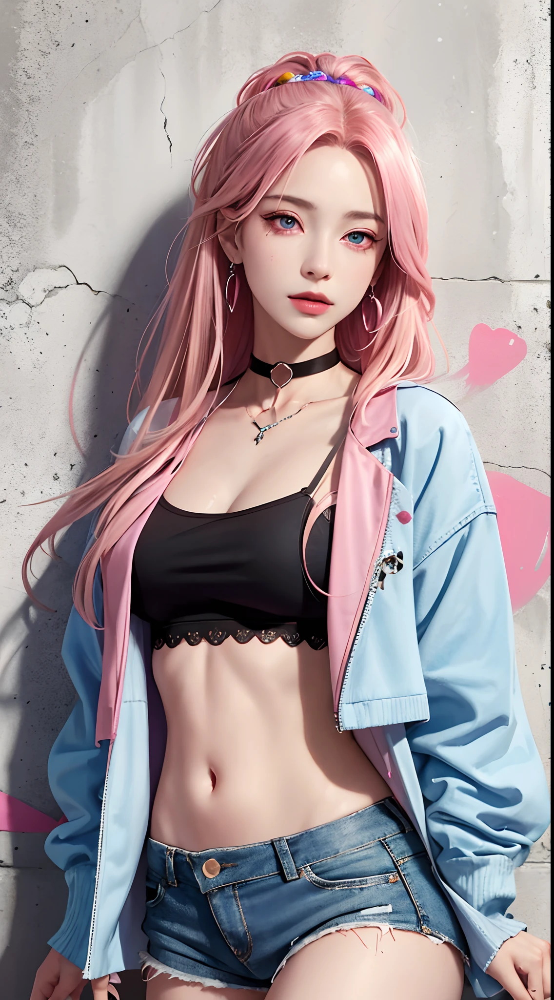 (masterpiece, best quality, 1girl, solo, intricate details, chromatic aberration), realistic, ((medium breath)),long hair, pink hair, red head ornament, pink highlights, hair over one eye,purple eyes, earrings, sharp eyes, choker, neon shirt, open jacket, crop top, (symmetry eyes),(perfect symmetrical body),against wall, brick wall, graffiti, dim lighting, alley ,look at viewer