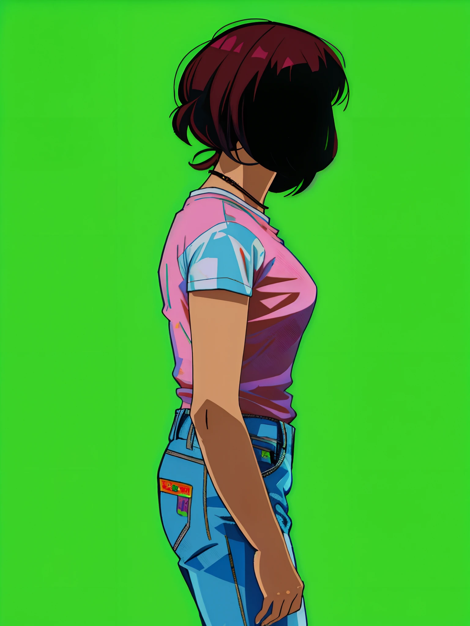 Turn this girl to cartoon, attractive thin girl, colorfull, pinky T-shirt