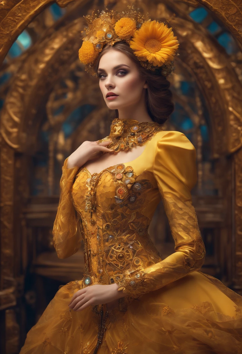 absurderes, hight resolution, ultra-detailliert, (1girll:1.3), Fantasy Steampunk Costumes , psychedelic, Fractal Patterns, Geometric shapes, Dynamic, Bright colors, (Flowers, flower petals), (Gold and yellow:1),