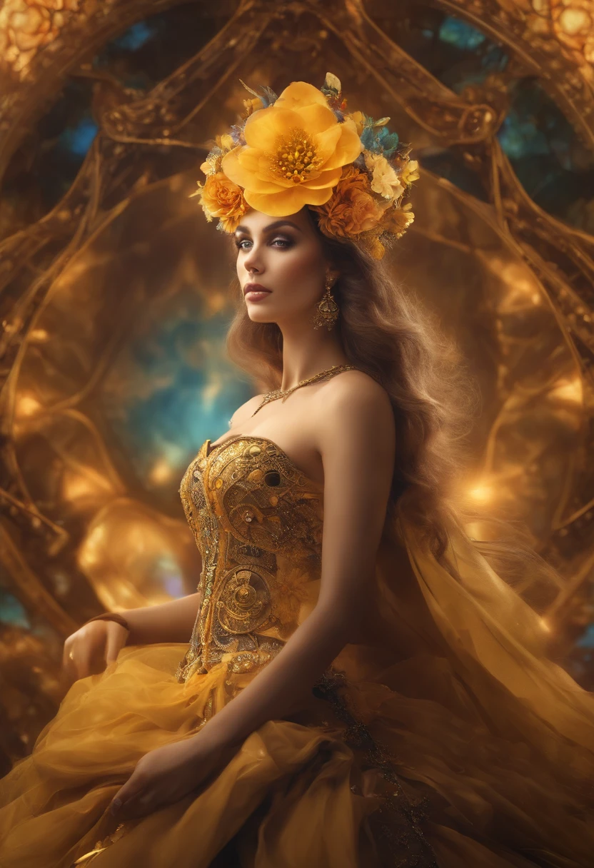 absurderes, hight resolution, ultra-detailliert, (1girll:1.3), Fantasy Steampunk Costumes , psychedelic, Fractal Patterns, Geometric shapes, Dynamic, Bright colors, (Flowers, flower petals), (Gold and yellow:1),