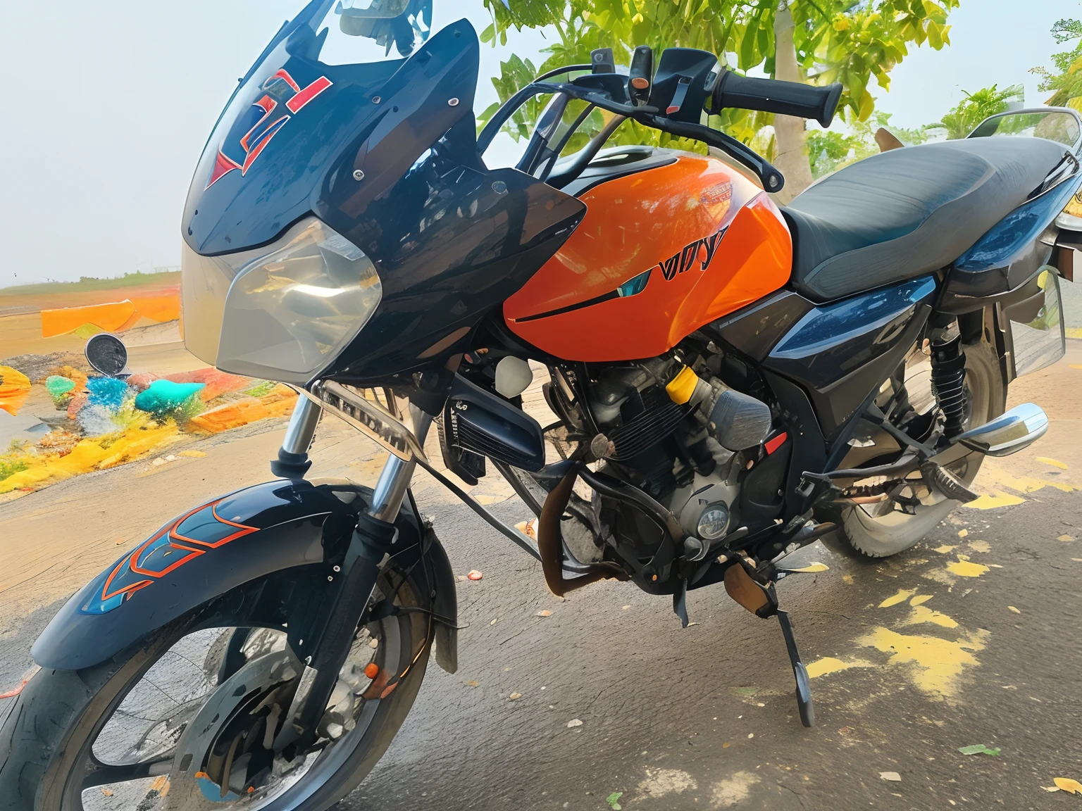 there is a motorcycle parked on the side of the road, without helmet, vijay jayant props, front-view, * colour splash *, touring, frontal shot, motorcycle, front side view, vibrant colour, front profile shot, mid-view, good face, taken with the best dlsr camera, 1128x191 resolution, mechanised