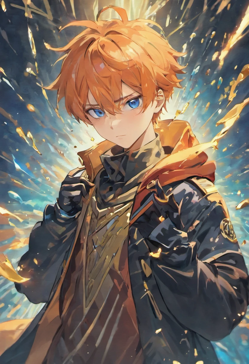 Masterpiece, best quality, tartaglia (genshin impact), gloves, mask, male focus, 1boy, blue eyes, black gloves, solo, orange hair, bangs, water, jacket, hair between the eyes, jewelry, scarf,