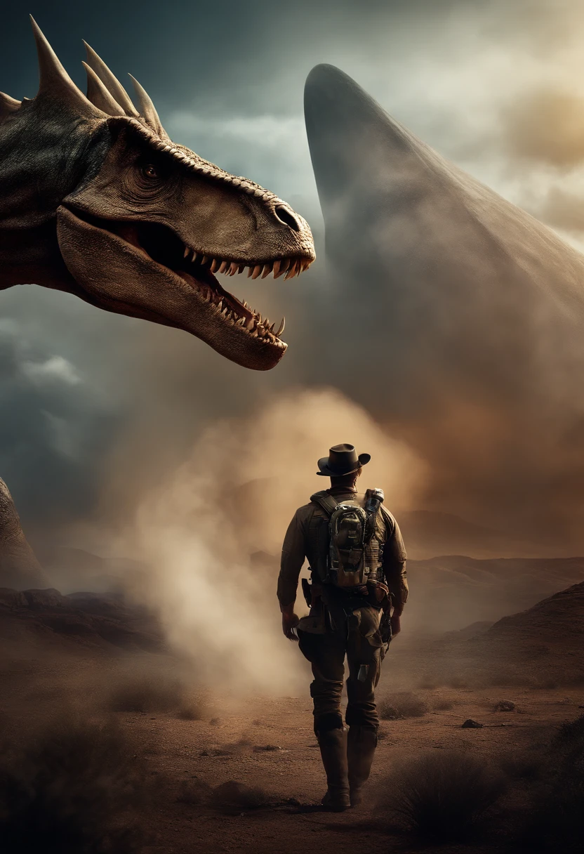 (a)Ranger with a creative touch,smoke-filled background,joint in hand,rocket ship on his shoulder,a dinosaur-shaped winged phallus in the distance (best quality,ultra-detailed),vivid colors,studio lighting,sharp focus,portraits,concept artists,bokeh