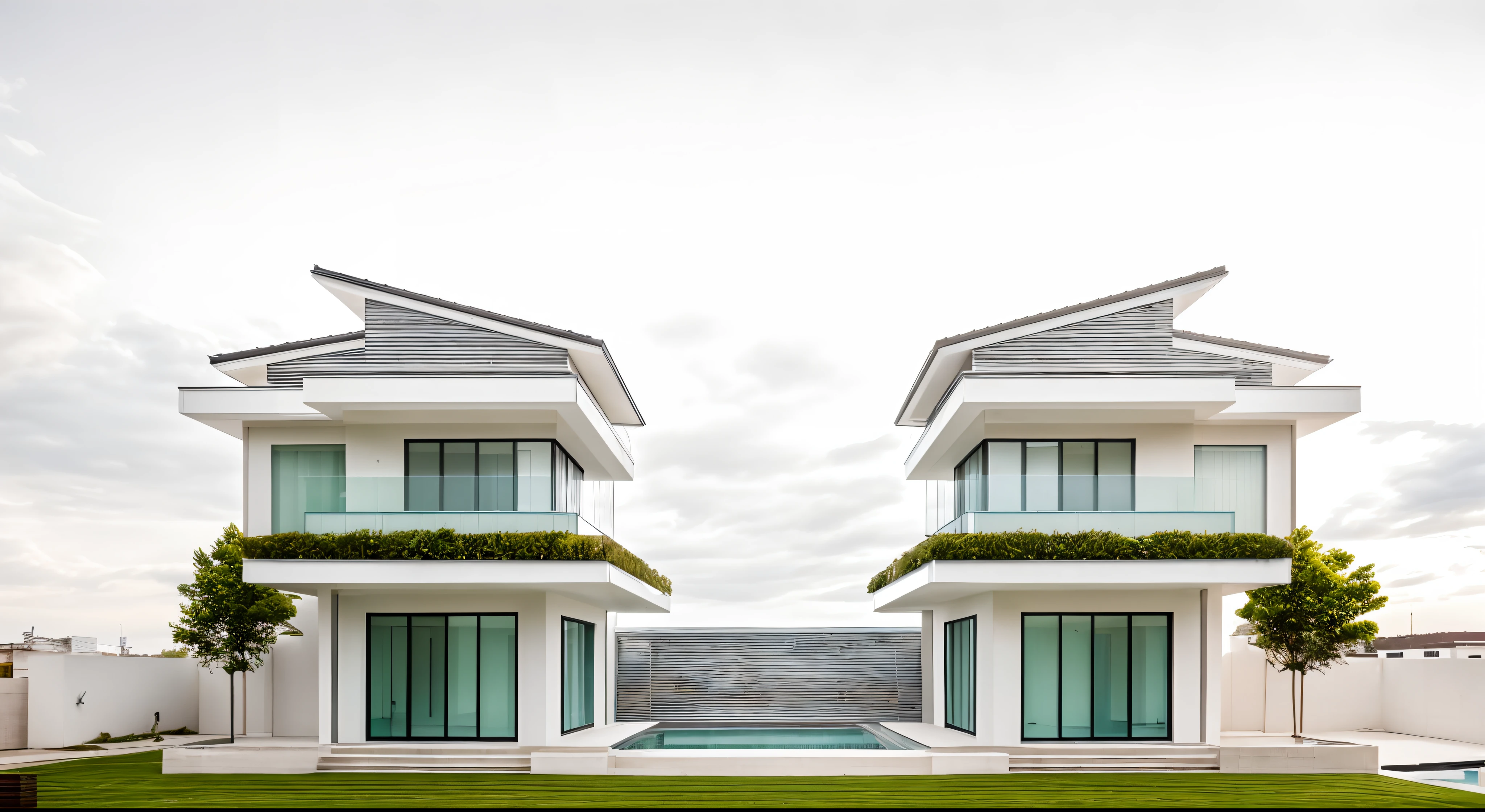 2 building same, beautiful landscape, swimming pool betwent, glass door, glass railing, stair, glass window, Modern architecture style, beautiful grass, trees, landscape, daylight,(white wall), whithout curtain, tree background, road background,