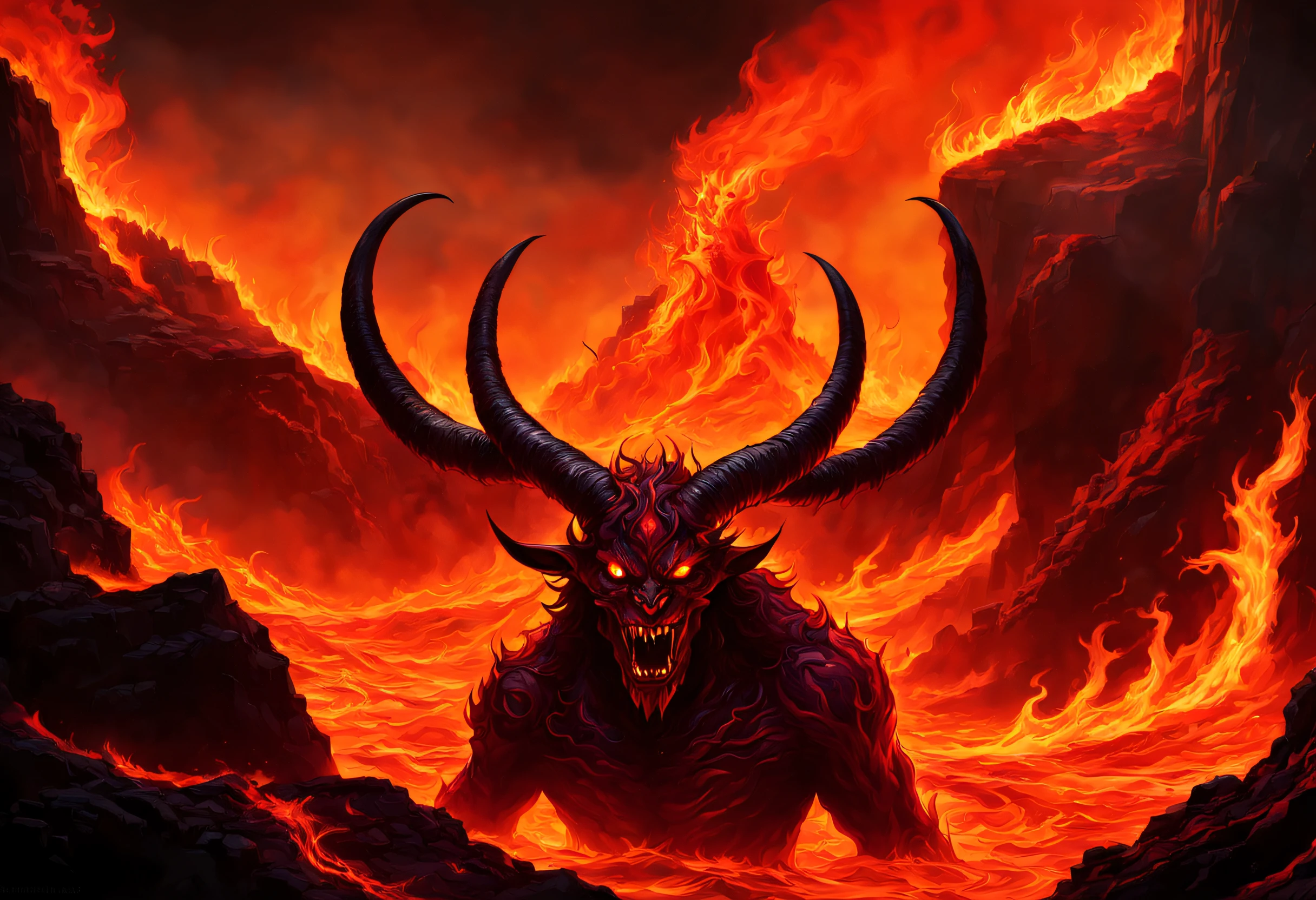 (blazing inferno),(best quality,highres,ultra-detailed),(fiery atmosphere,ominous aura),(demonic creature with menacing eyes),(twisted horns),(intense flames engulfing surroundings),(sinister figure surrounded by flames),(sharp fangs and claws),(hellish landscape with lava and brimstone),(dark and eerie shadows),(colorful, but saturated in red and orange hues),(tormented souls in the background),(dramatic lighting casting haunting shadows)