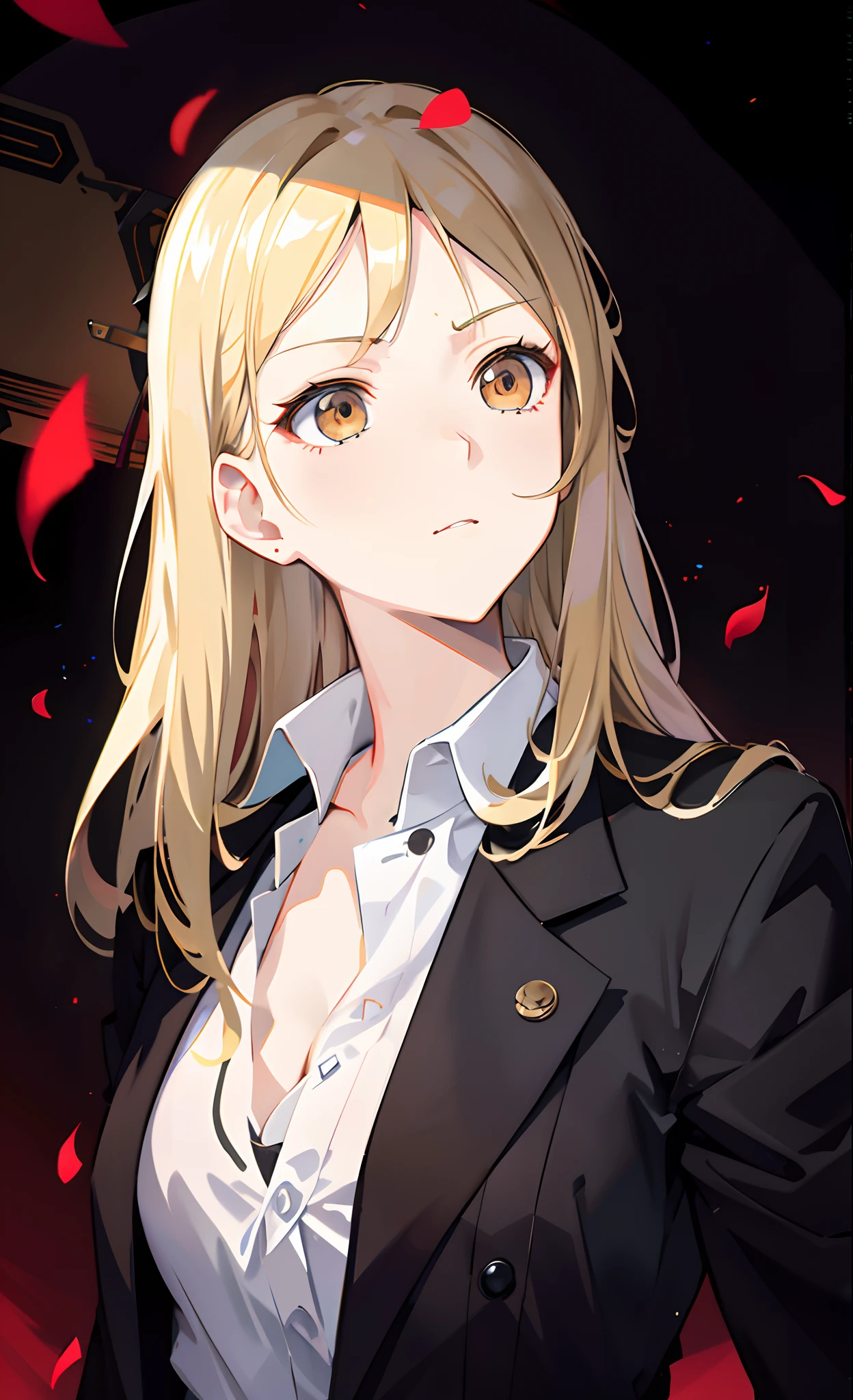 anime girl with long blonde hair and a white shirt, marin kitagawa fanart, from girls frontline, fine details. girls frontline, painted in anime painter studio, digital anime illustration, persona 5 art style wlop, girls frontline style, blonde anime girl with long hair, portrait anime girl, detailed digital anime art, anime moe artstyle, brown eyes, angry, mature, 4k resolution