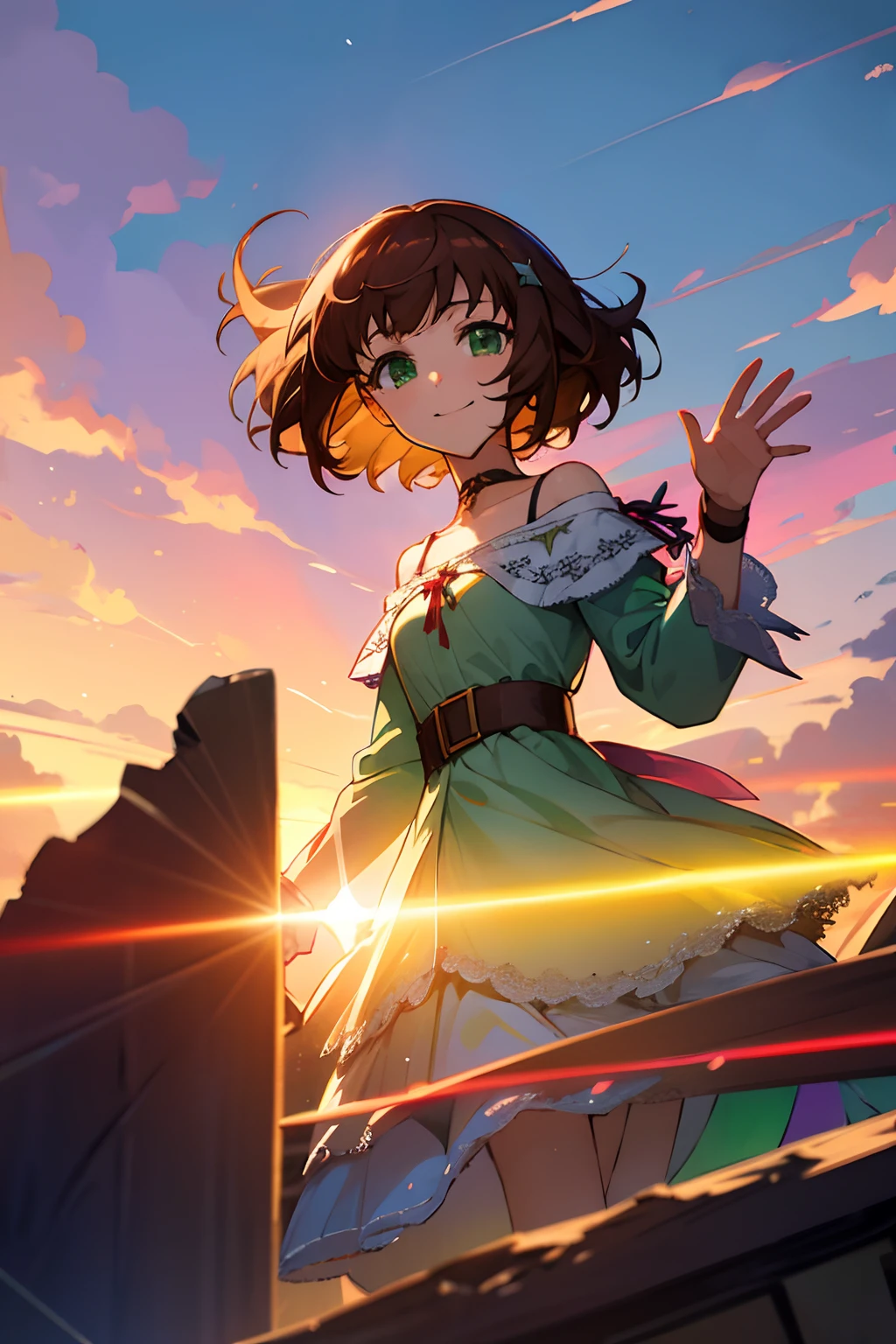 shoko sashinami, valvrave, 1 girl, brown hair, green eyes, fantasy world, ruins, fort, beautiful sky, shining sky, sunshine, smiling, waving, belt, wristband, ribbon choker, wind blowing dress, lace dress, asymmetrical dress, off-shoulder sleeves