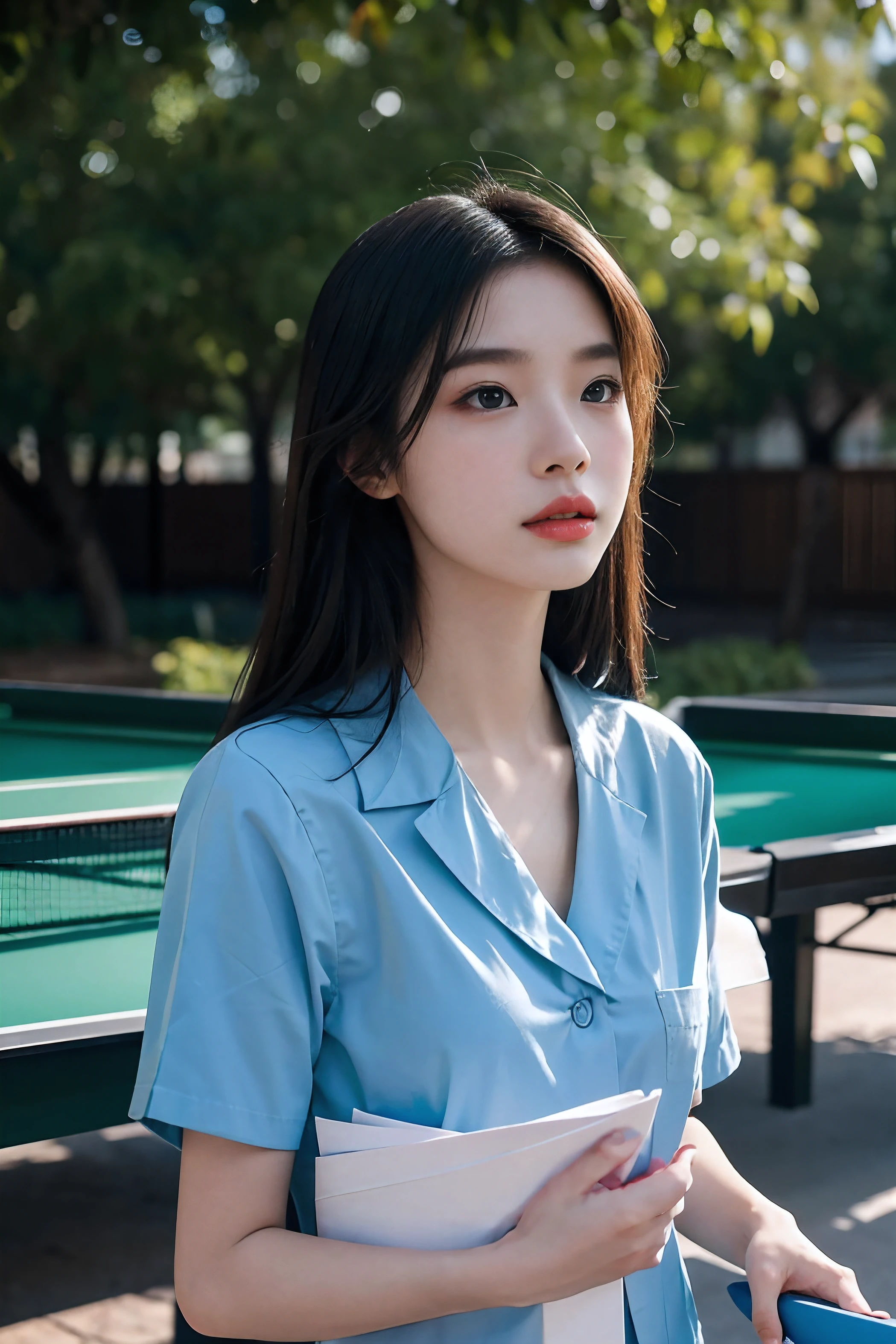 High-res, Realistic portrait of professional Chinese university campus lady with perfect skin,stand posture,Holding a ping-pong racket in one hand,Billiards looks up at the sky,full bodyesbian,Show confidence and maturity, Longing for freedom and beauty,Surrounded by the breath of a modern school, Vibrant and naturally lit highlights. The artwork should emphasize her elegant facial features, Including charming long eyes, Fluttering eyelashes and seductive lips. The scene should be enhanced with elements of professionalism and visual appeal,For example, Stylish work desk, Mainframe computers, High-resolution display, and complex stationery. The overall tone should be warm and professional, Has a soft and natural color palette. The artwork should exude a sense of professionalism, Success, and cultural pride,The background is blurred out,Wearing a summer blue school uniform,Sky blue,