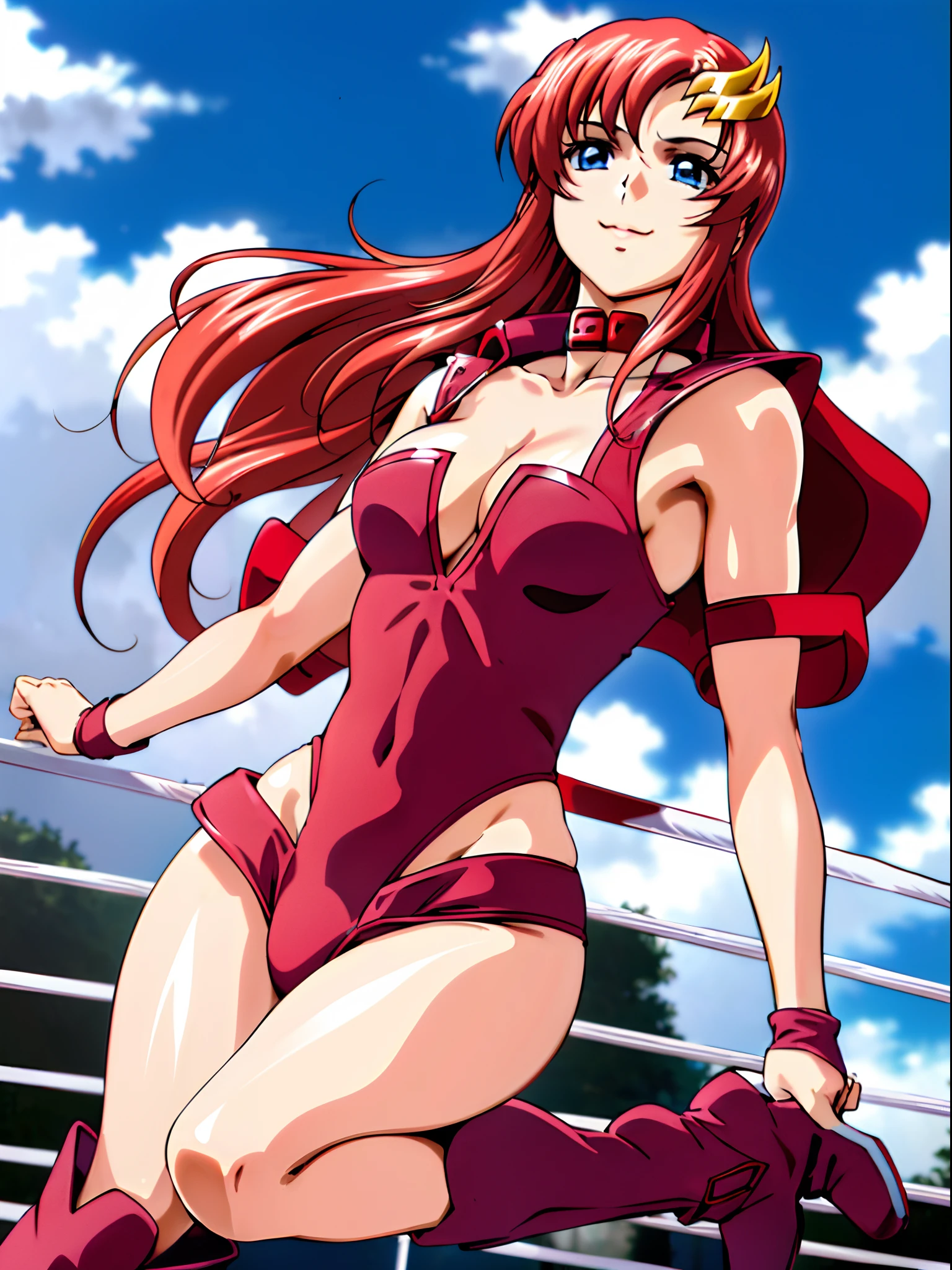solo, (((red strapless wrestling outfit, collar, red boots))), (upper body view, closed mouth, happy, Best Quality, Anime style: 1.9, Adult Woman, (cloud background), Anime, lacus4), 1girl, Solo, 鎖骨, (very long hair, wide bangs, Hair Ornament, Detailed reddish-pink hair, golden crest), large hands, (blue eyes), ((little biceps, slender body, hourglass figure, broad shoulders, closed fists)), ((perfect proportions, medium breasts, cleavage, long belly)), (((mini red wrestling outfit))