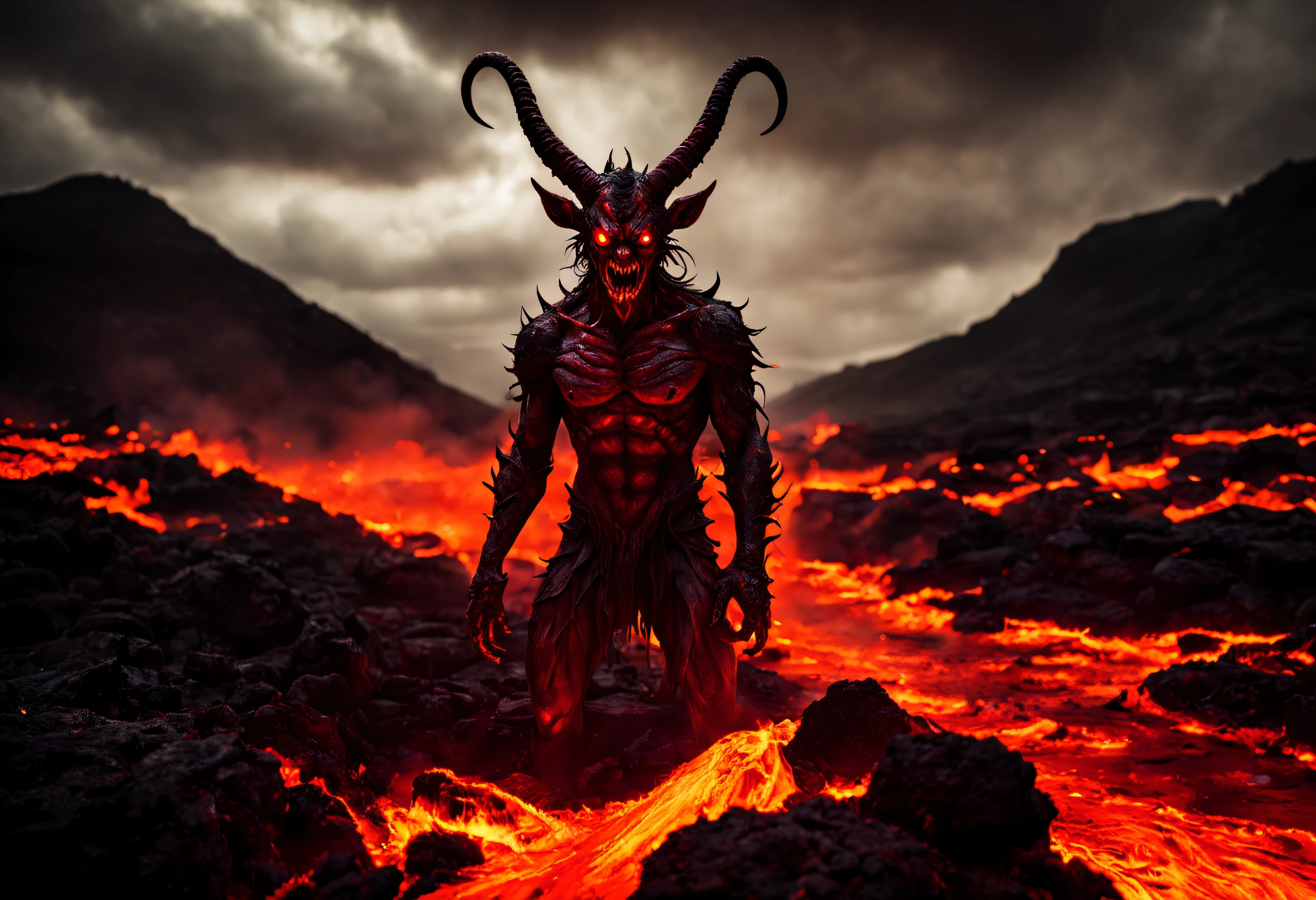 (burning hell), (best quality, high resolution, ultra detailed), (burning atmosphere, sinister aura), (demonic creature with menacing eyes), (twisted horns), (intense flames engulfing the surroundings), (sinister figure surrounded of flames),(sharp fangs and claws),(hellish landscape with lava and sulfur),(dark, creepy shadows),(colorful, but saturated in red and orange tones),(tormented souls in the background),(dramatic lighting that projects a disturbing image of darkness), (photograph taken from a horror movie)