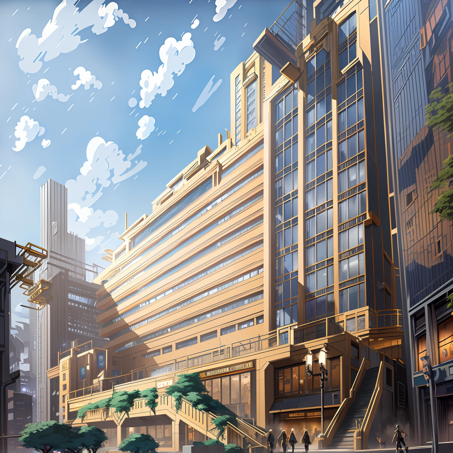 Anime - stylistic rendering of buildings with stairs and stairs leading to it, Anime landscape concept art, anime concept hdr anime macmanus, anime style cityscape, concept art highly detailed, highly detailed concept art, Anime background art, Ultra detailed concept art, Detailed 4K concept art, golden cityscape, hd anime cityscape, golden steampunk city atmosphere