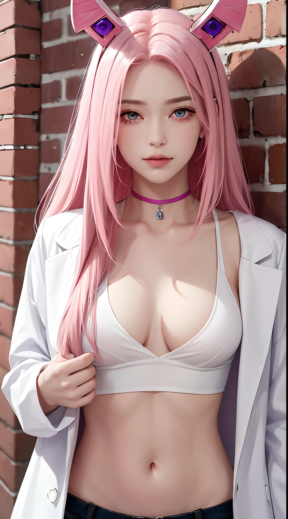 (masterpiece, best quality, 1girl, solo, (((exquisitedetails))), color difference), realisticlying, ((medium breath)), long whitr hair, A pink-haired, red headgear, Pink highlight, Hair above one eye, Purple eye, 耳Nipple Ring, Sharp eyes,choker,Neon shirt,Open coat,crop top,(symetrical eyes),(Perfectly symmetrical body),against a wall,brick walls,scribbles,dim murky lights,alleys,looking at viewert