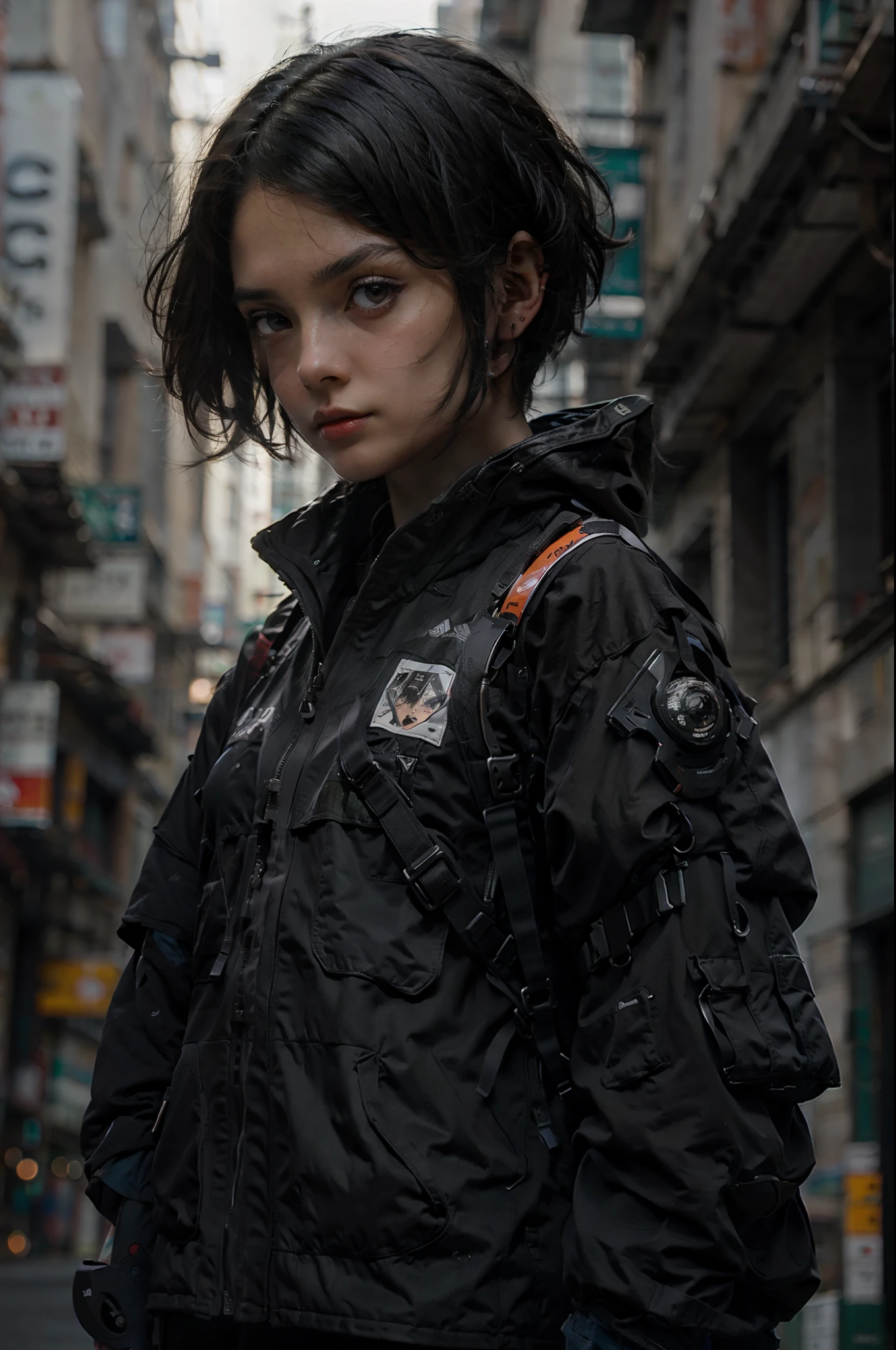 (masterpiece), best quality,1girl, short black hair, (wearing Techwear) , realistic shadow, blurry background, eye focus, finger on lip, looking over shoulder,