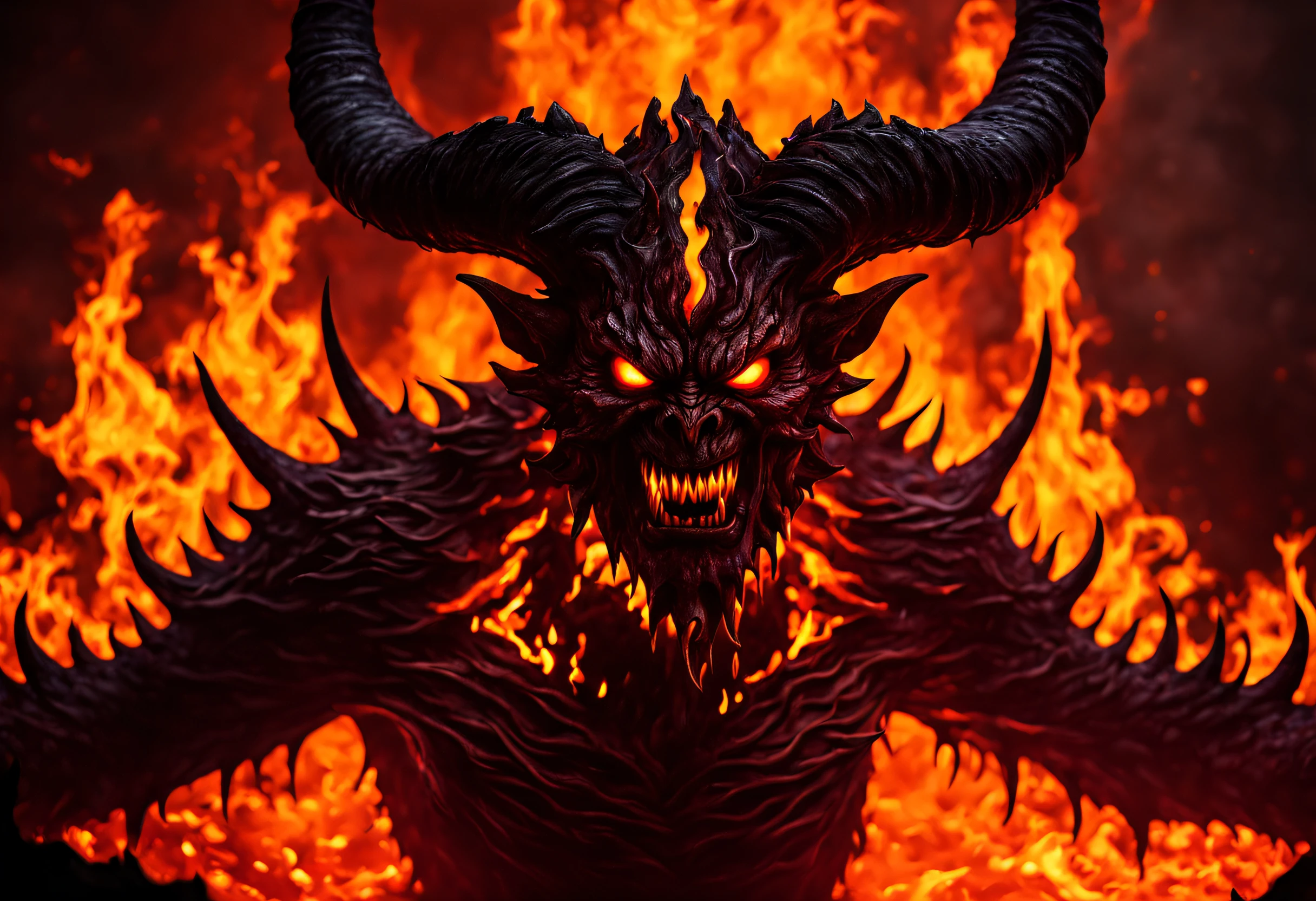 (burning hell), (best quality, high resolution, ultra detailed), (burning atmosphere, sinister aura), (demonic creature with menacing eyes), (twisted horns), (intense flames engulfing the surroundings), (sinister figure surrounded of flames),(sharp fangs and claws),(hellish landscape with lava and sulfur),(dark, creepy shadows),(colorful, but saturated in red and orange tones),(tormented souls in the background),(dramatic lighting that projects a disturbing image of darkness), (photograph taken from a horror movie)