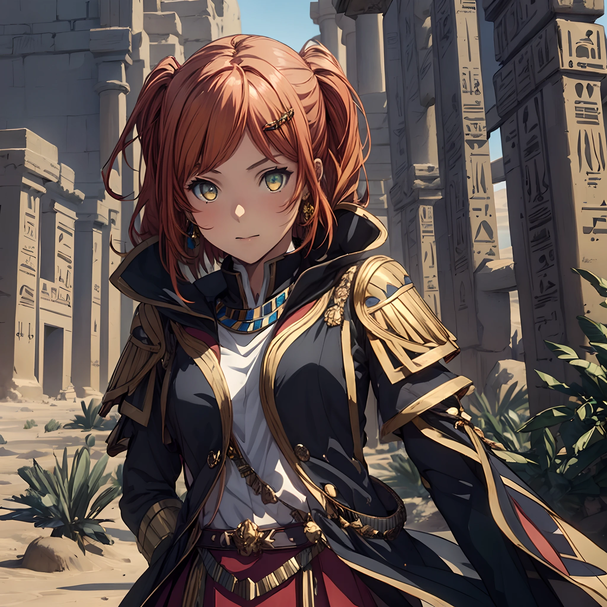 masterpiece, best quality, 1girl, teenager, female focus, solo, Orange hair, vibrant yellow eyes, twin tail hair, looking at viewer, closed mouth, Fantasy aesthetics, fantasy earring, Highly detailed, shadowverse style, egyptian aesthetic, egyptian outfit, desert background, in the desert, hairpin