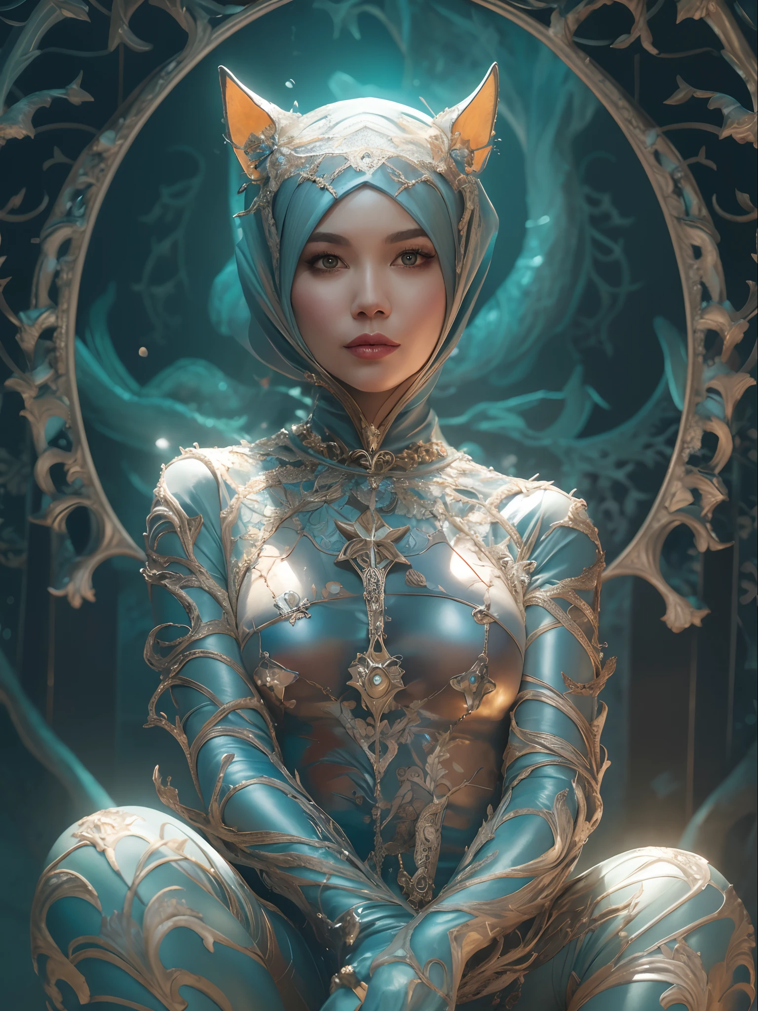 Full body portrait, beautiful fantasy Catwoman in hijab, shiny metallic jeweled depth, glowing smoke neon eyes, hoarfrost metal lace, fantasy, sunlight, sunbeam, intricate detail. 8k, dreamlike, surrealism, super cute, symmetrical, soft lighting, trending on artstation, intricate details, highly detailed, unreal engine, by ross tran, wlop, artgerm and james jean, Brian Froud, art illustration by Miho Hirano, Neimy Kanani, oil on canvas by Aykut Aydoğdu, oil painting, heavy strokes, paint dripping