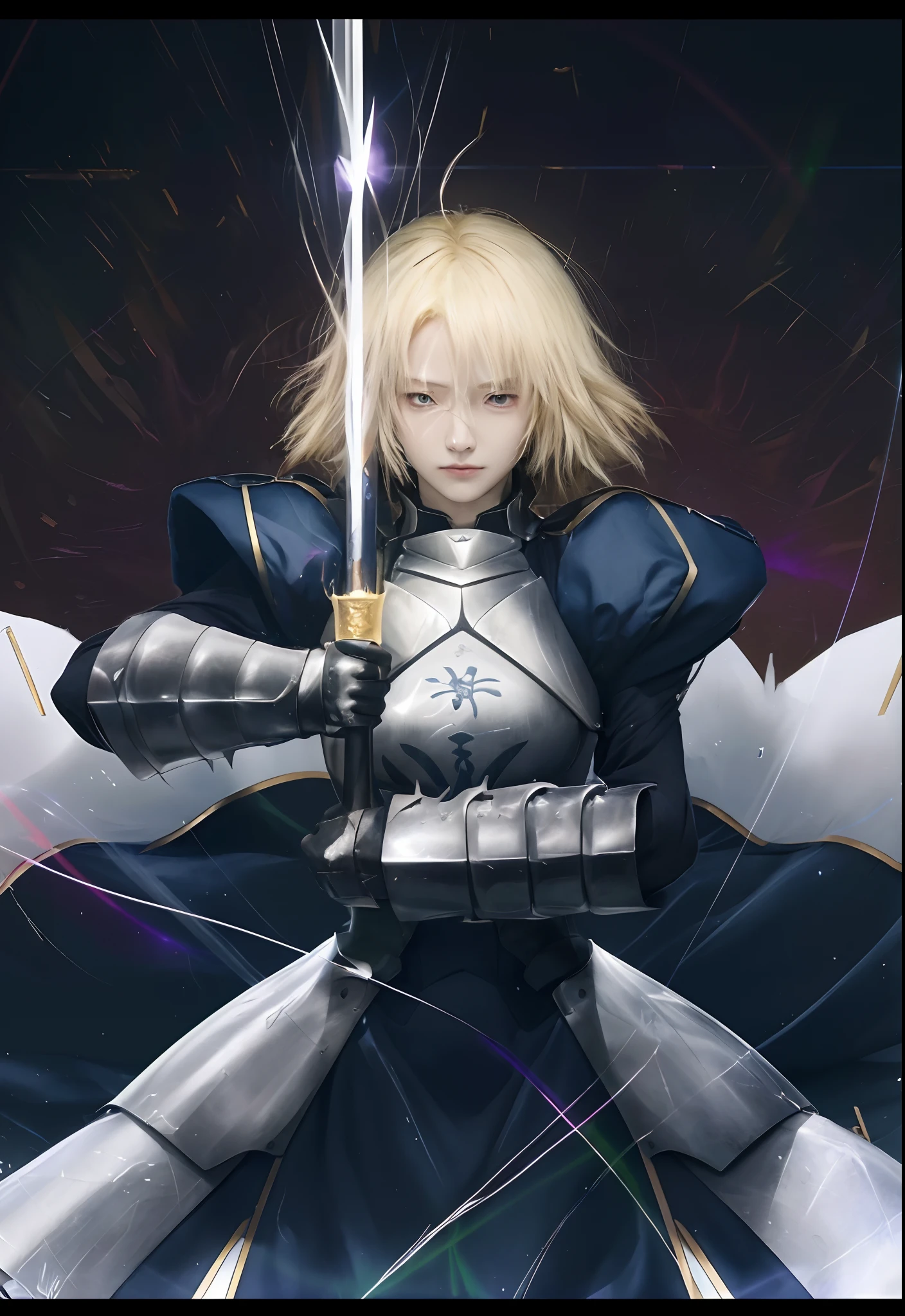 (best quality,4k,8k,highres,masterpiece:1.2),ultra-detailed,realistic,photorealistic:1.37,detailed eyes and face,longeyelashes,Altria Pendragon saber,armor in dark background,anime style like Fate,one-night stay,inspired by Lee Qishi, Fate/Zero,Zero Ryouiki,evil anime character,eight k anime art,Zero Sen art pieces,anime style,with a big sword in black armor