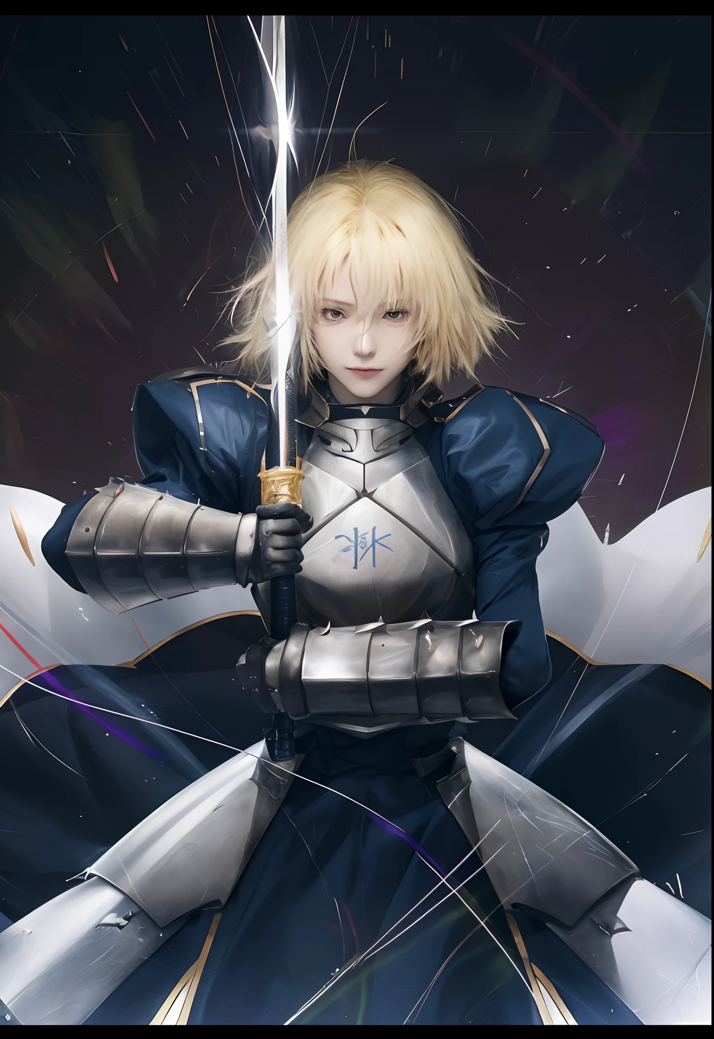 (best quality,4k,8k,highres,masterpiece:1.2),ultra-detailed,realistic,photorealistic:1.37,detailed eyes and face,longeyelashes,Altria Pendragon saber,armor in dark background,anime style like Fate,one-night stay,inspired by Lee Qishi, Fate/Zero,Zero Ryouiki,evil anime character,eight k anime art,Zero Sen art pieces,anime style,with a big sword in black armor